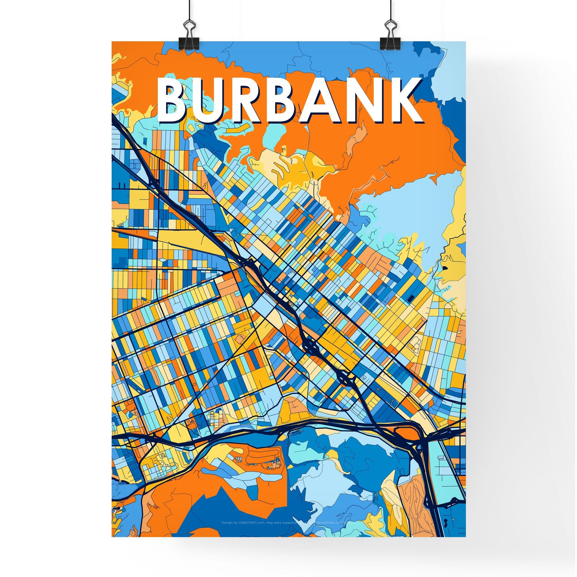 BURBANK CALIFORNIA Vibrant Colorful Art Map Poster Blue Orange