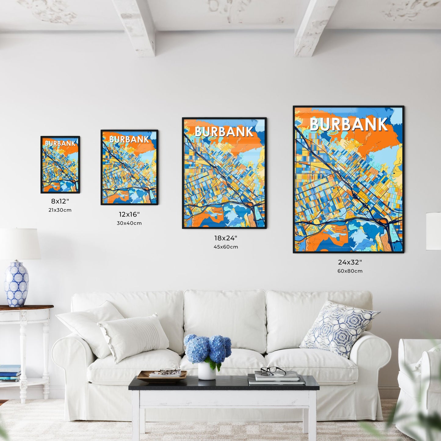 BURBANK CALIFORNIA Vibrant Colorful Art Map Poster Blue Orange