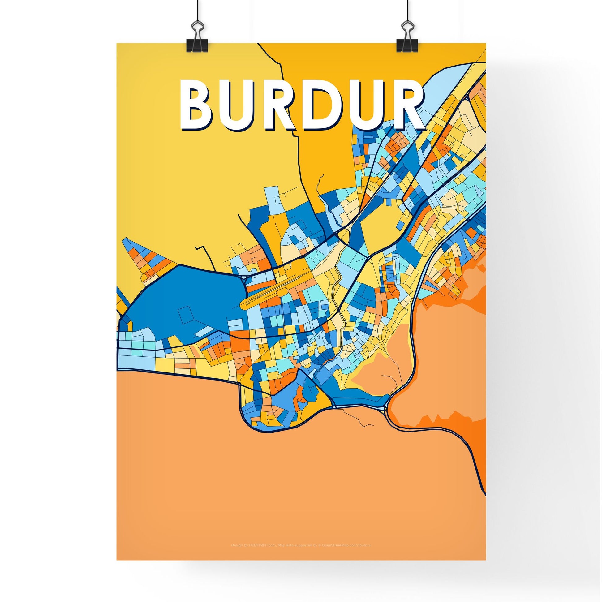 BURDUR TURKEY Vibrant Colorful Art Map Poster Blue Orange