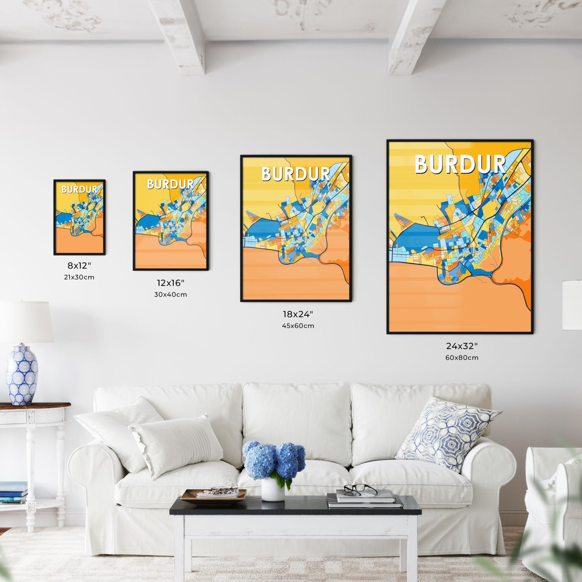 BURDUR TURKEY Vibrant Colorful Art Map Poster Blue Orange