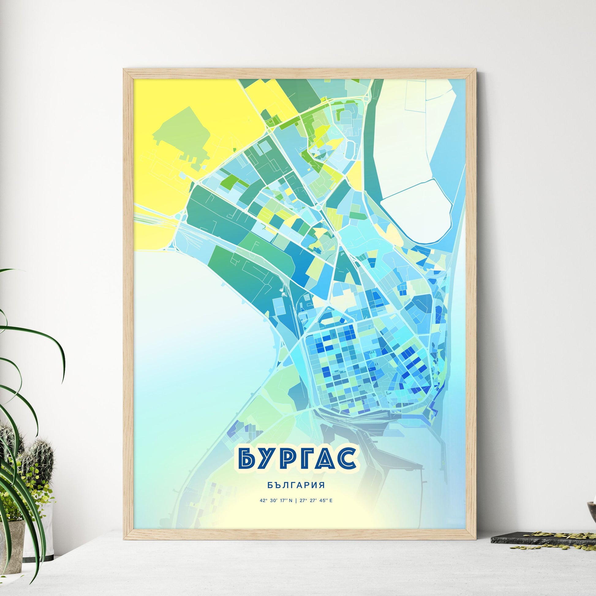 Colorful Burgas Bulgaria Fine Art Map Cool Blue