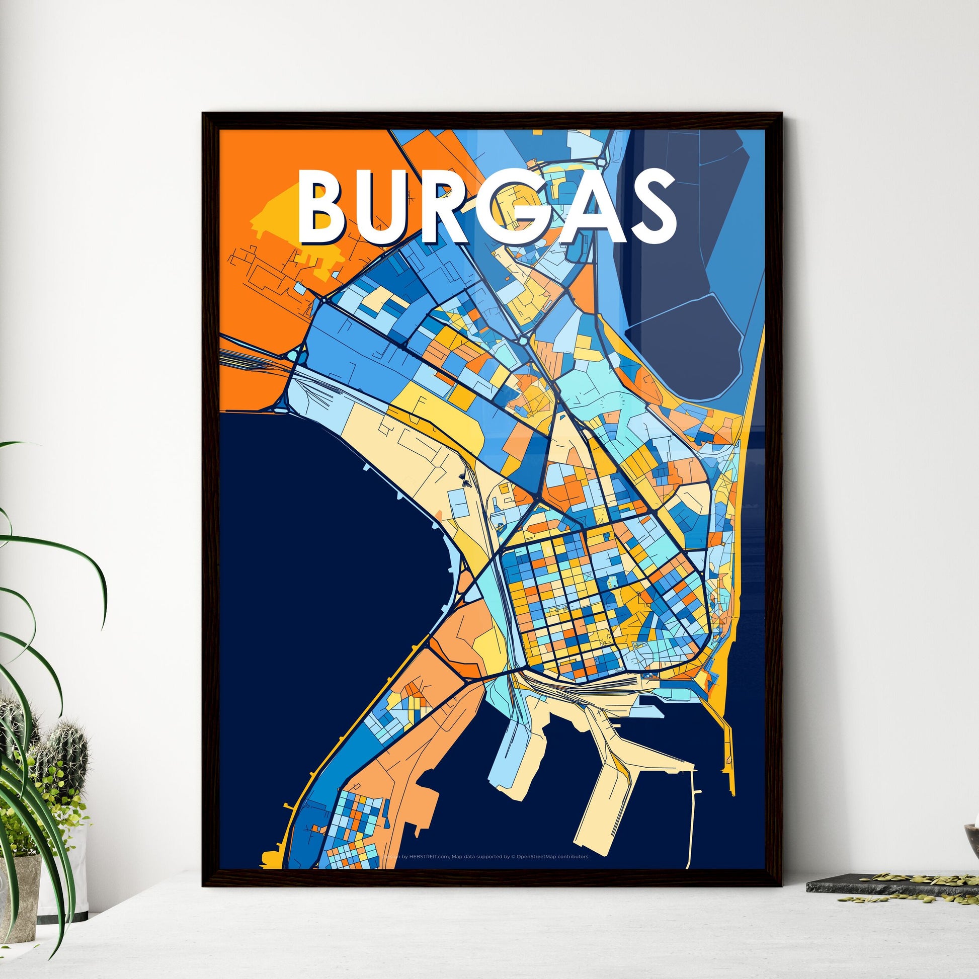 BURGAS BULGARIA Vibrant Colorful Art Map Poster Blue Orange
