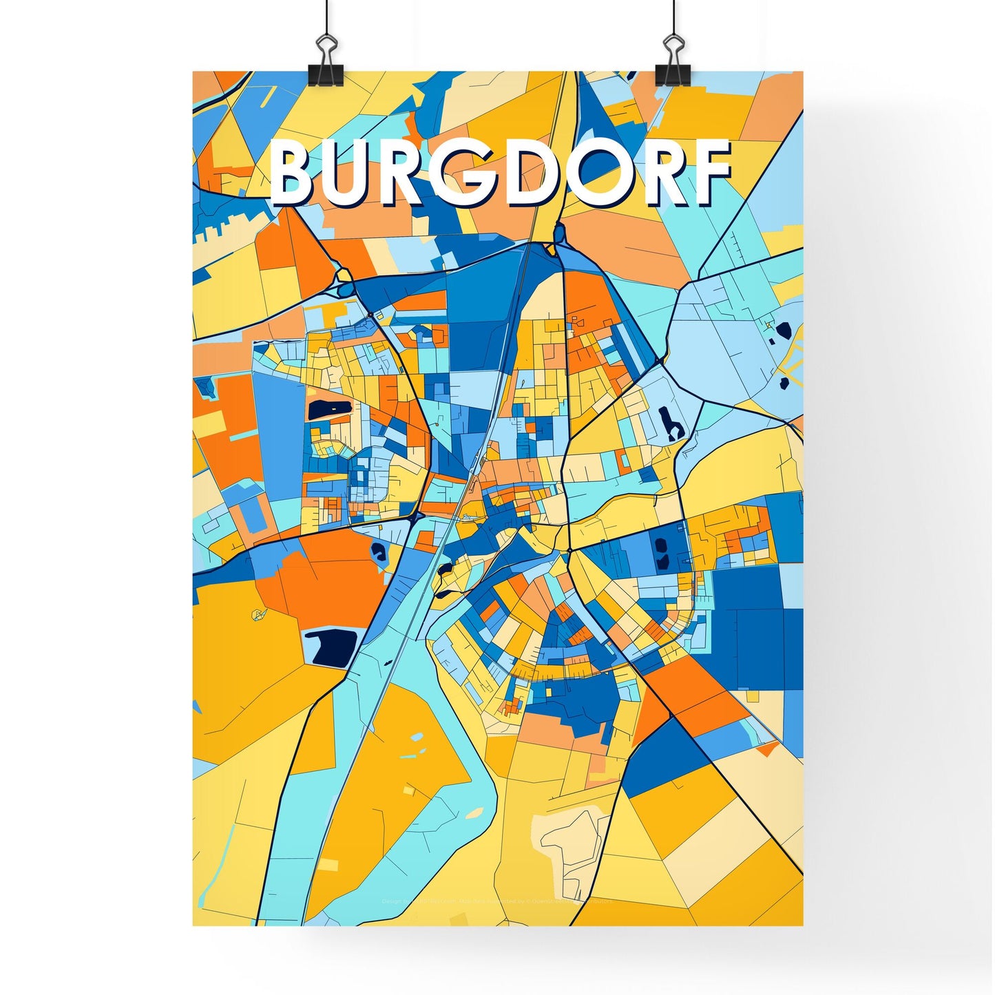 BURGDORF GERMANY Vibrant Colorful Art Map Poster Blue Orange