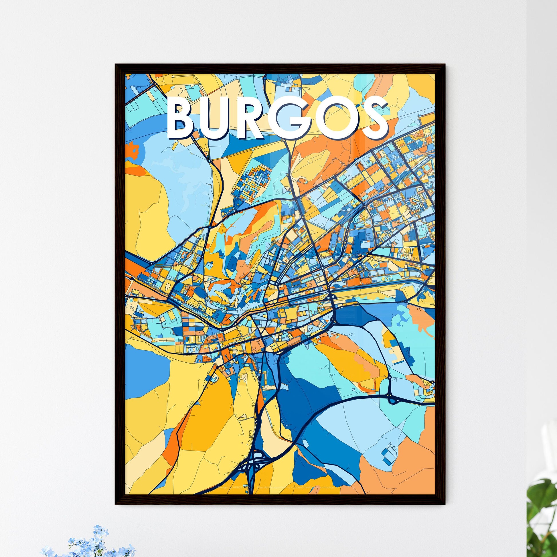 BURGOS SPAIN Vibrant Colorful Art Map Poster Blue Orange