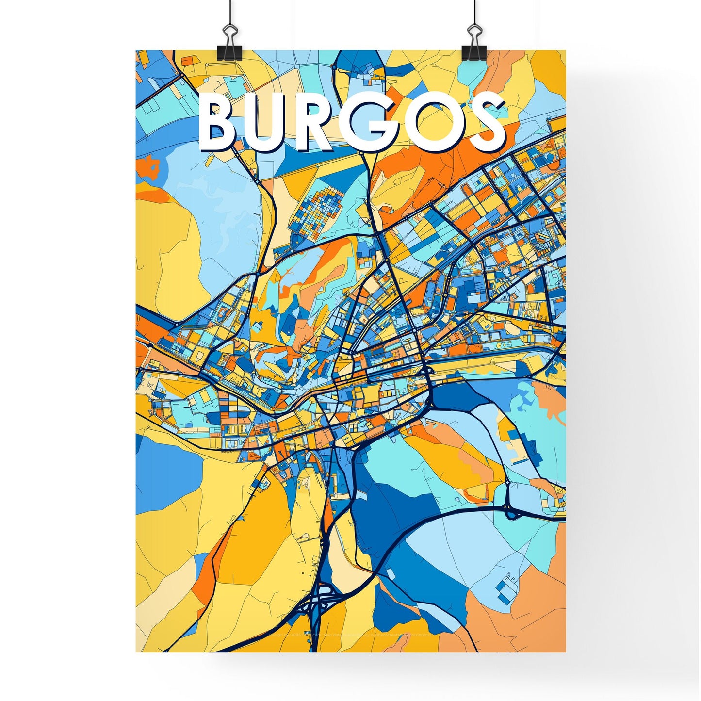 BURGOS SPAIN Vibrant Colorful Art Map Poster Blue Orange