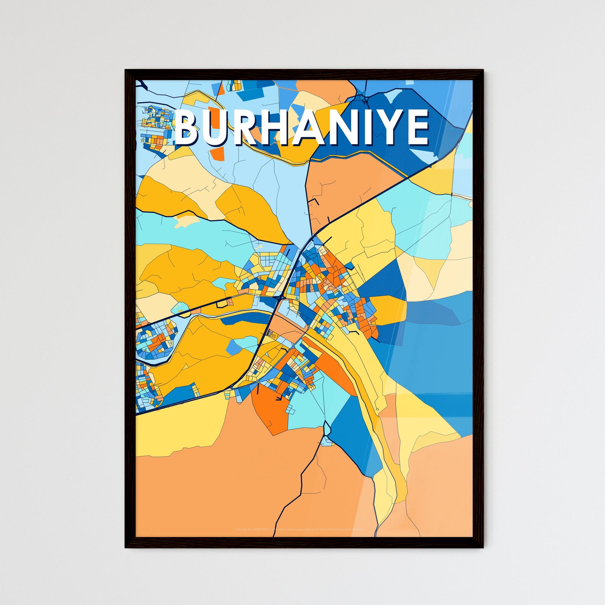 BURHANIYE TURKEY Vibrant Colorful Art Map Poster Blue Orange