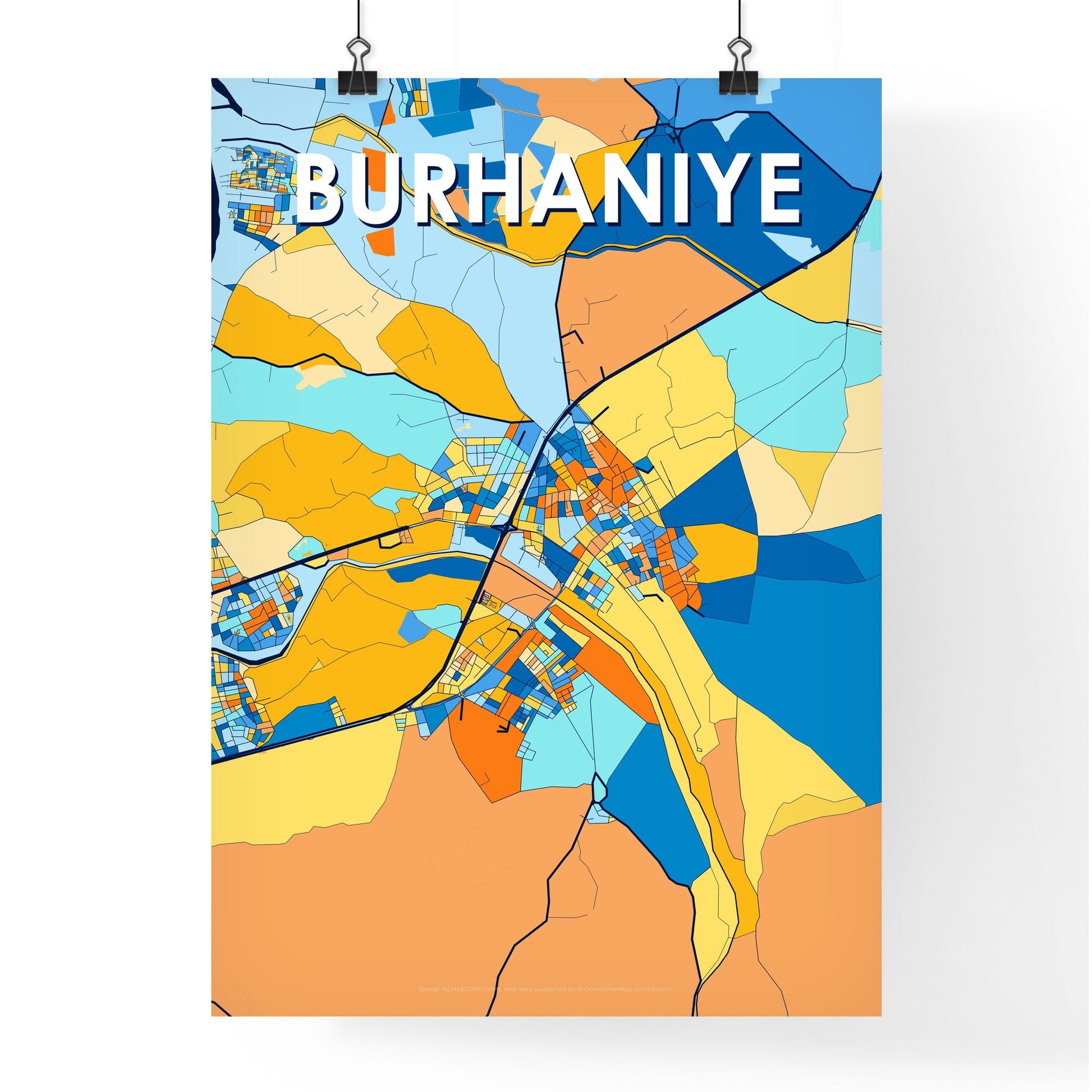 BURHANIYE TURKEY Vibrant Colorful Art Map Poster Blue Orange