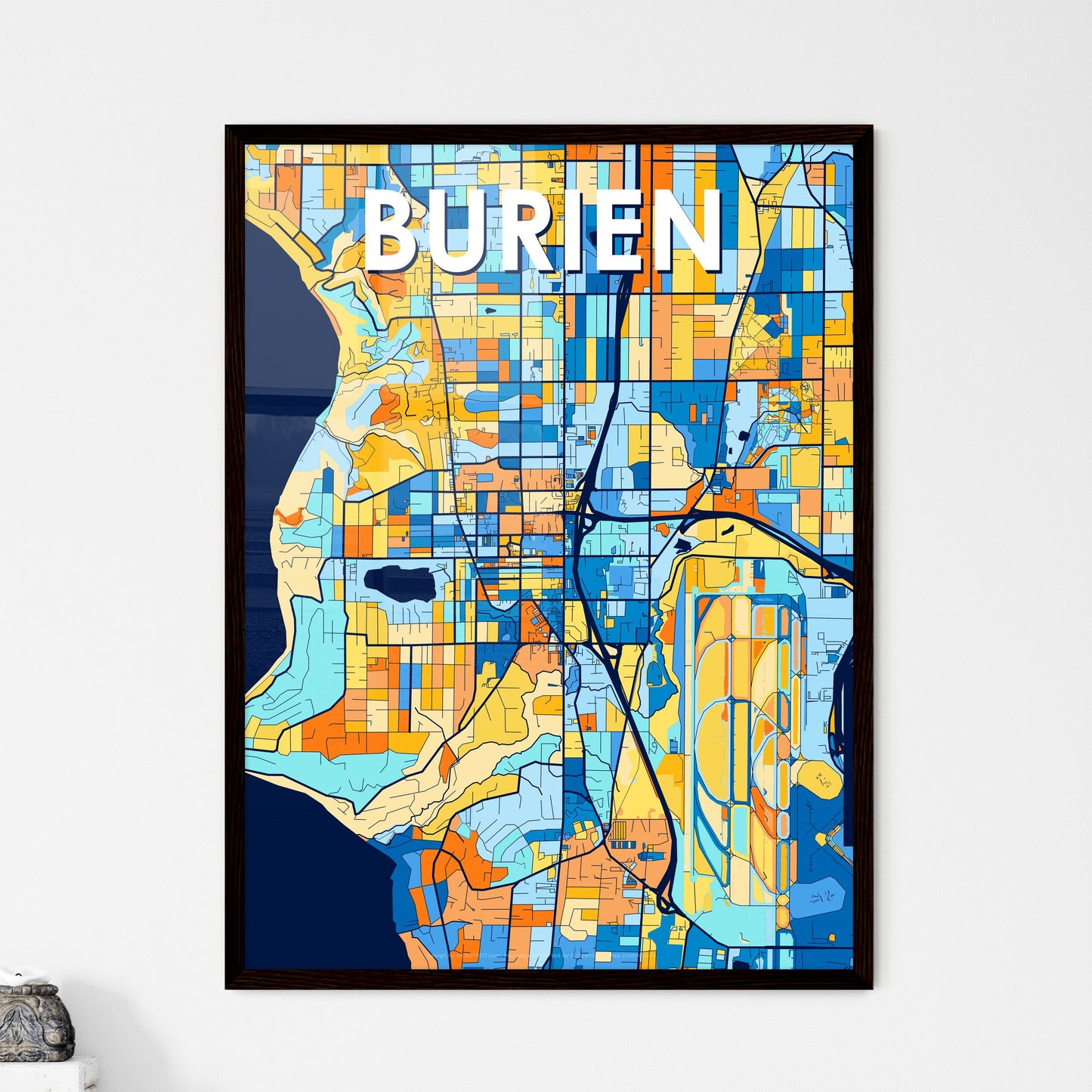 BURIEN WASHINGTON Vibrant Colorful Art Map Poster Blue Orange