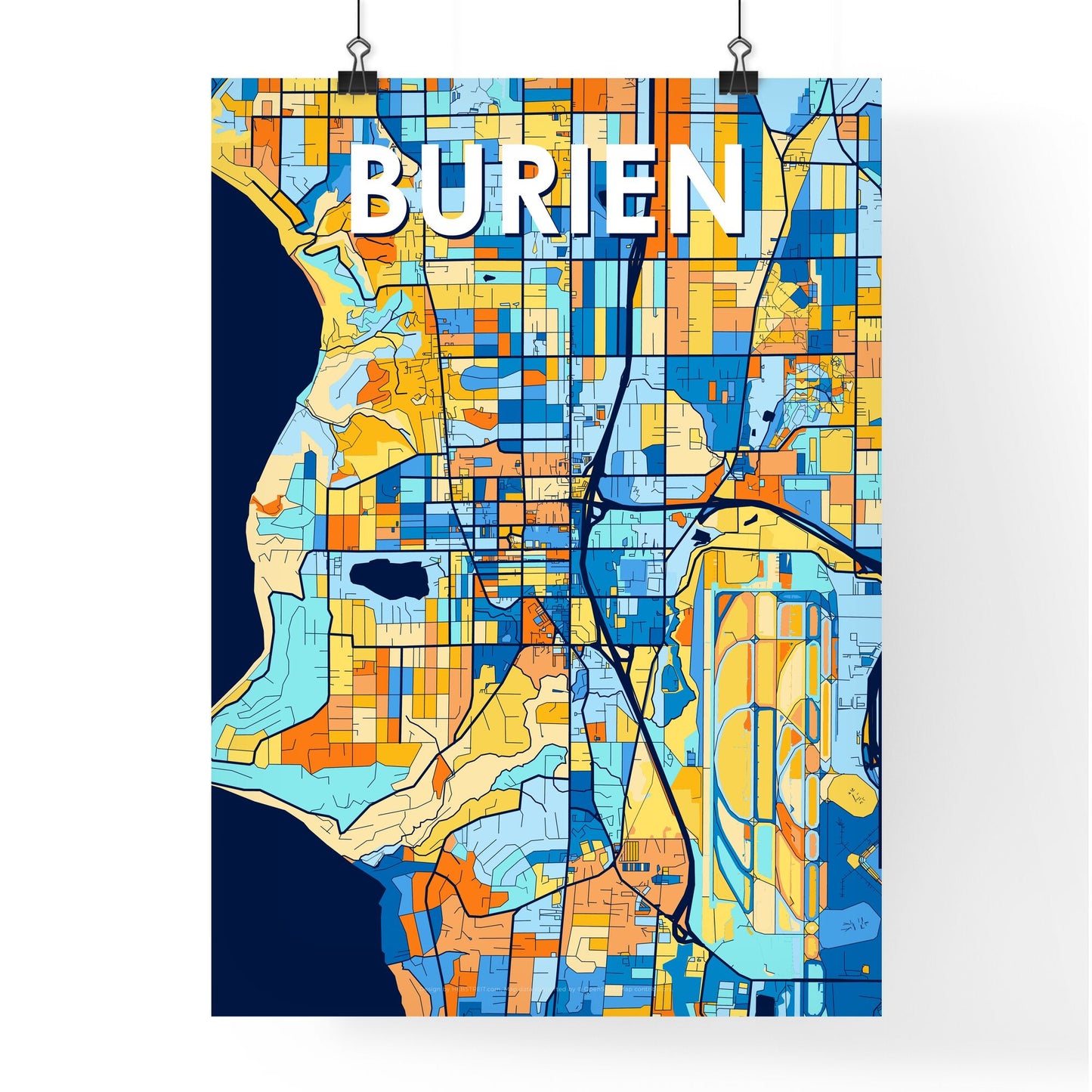 BURIEN WASHINGTON Vibrant Colorful Art Map Poster Blue Orange