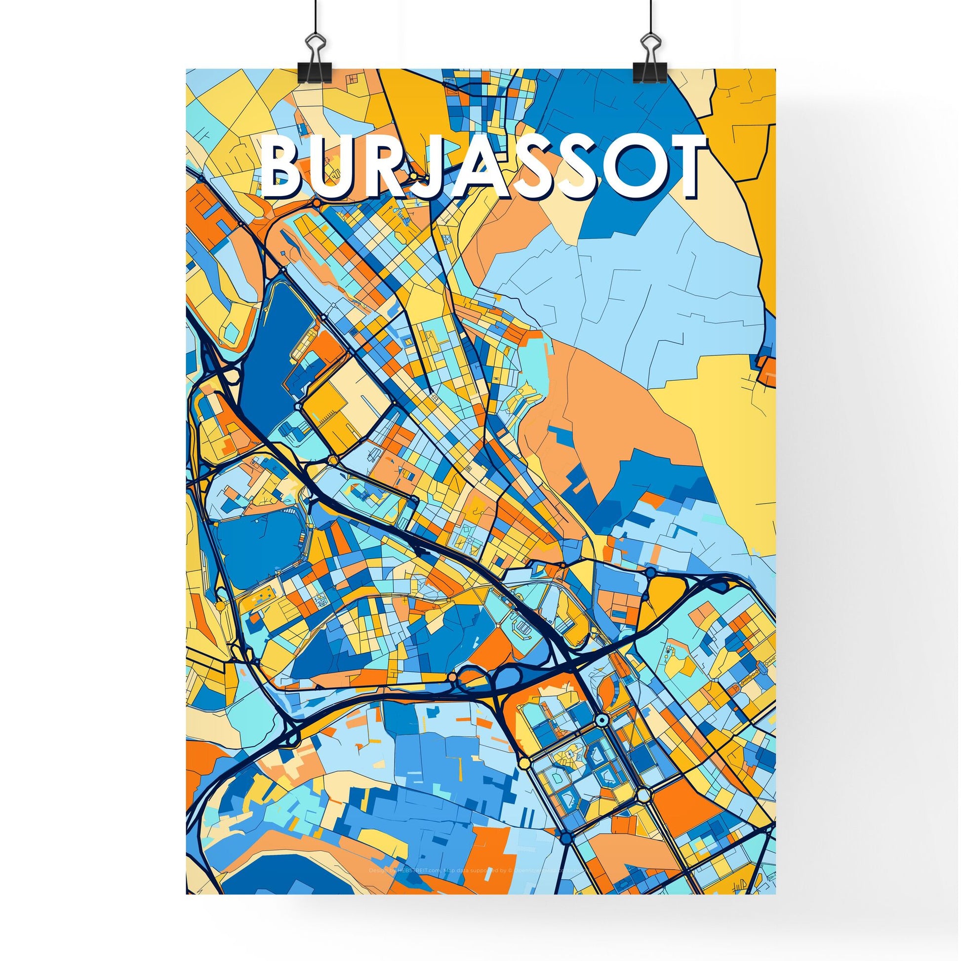 BURJASSOT SPAIN Vibrant Colorful Art Map Poster Blue Orange