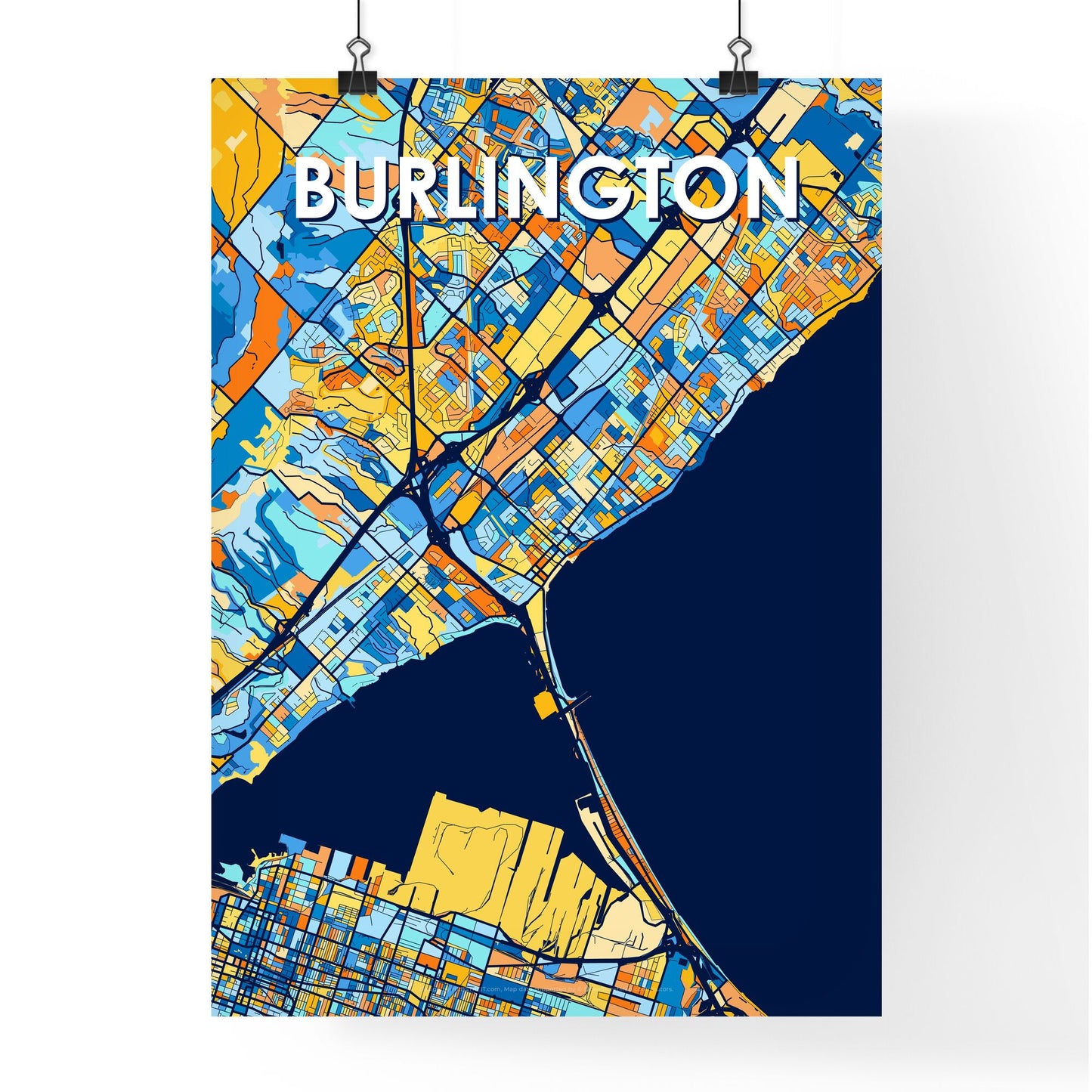 BURLINGTON CANADA Vibrant Colorful Art Map Poster Blue Orange