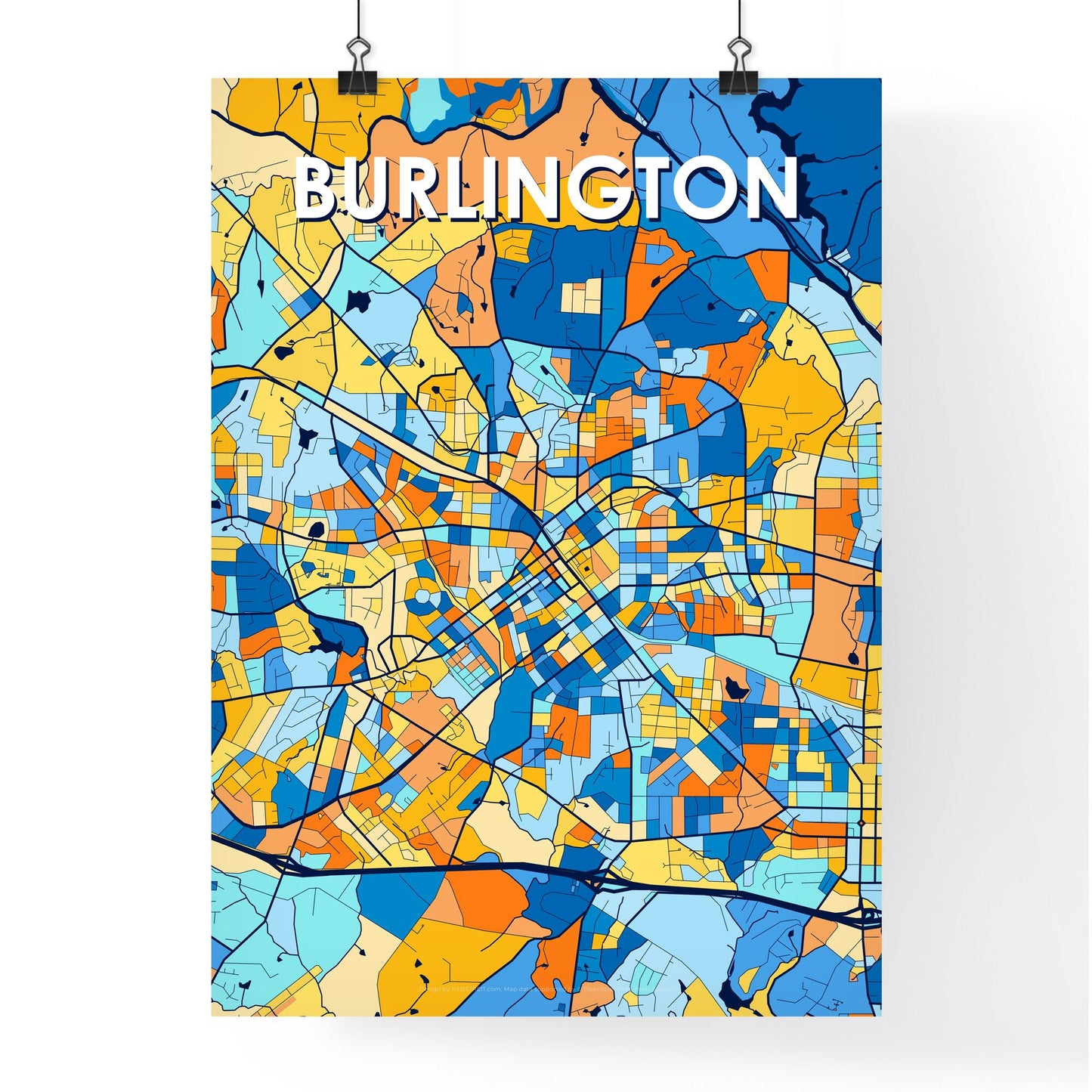 BURLINGTON NORTH CAROLINA Vibrant Colorful Art Map Poster Blue Orange