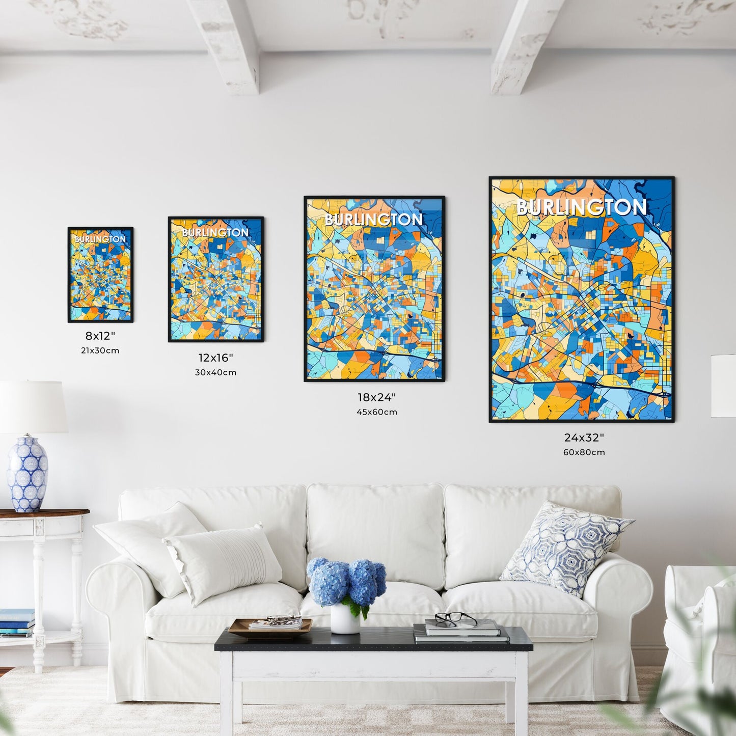 BURLINGTON NORTH CAROLINA Vibrant Colorful Art Map Poster Blue Orange