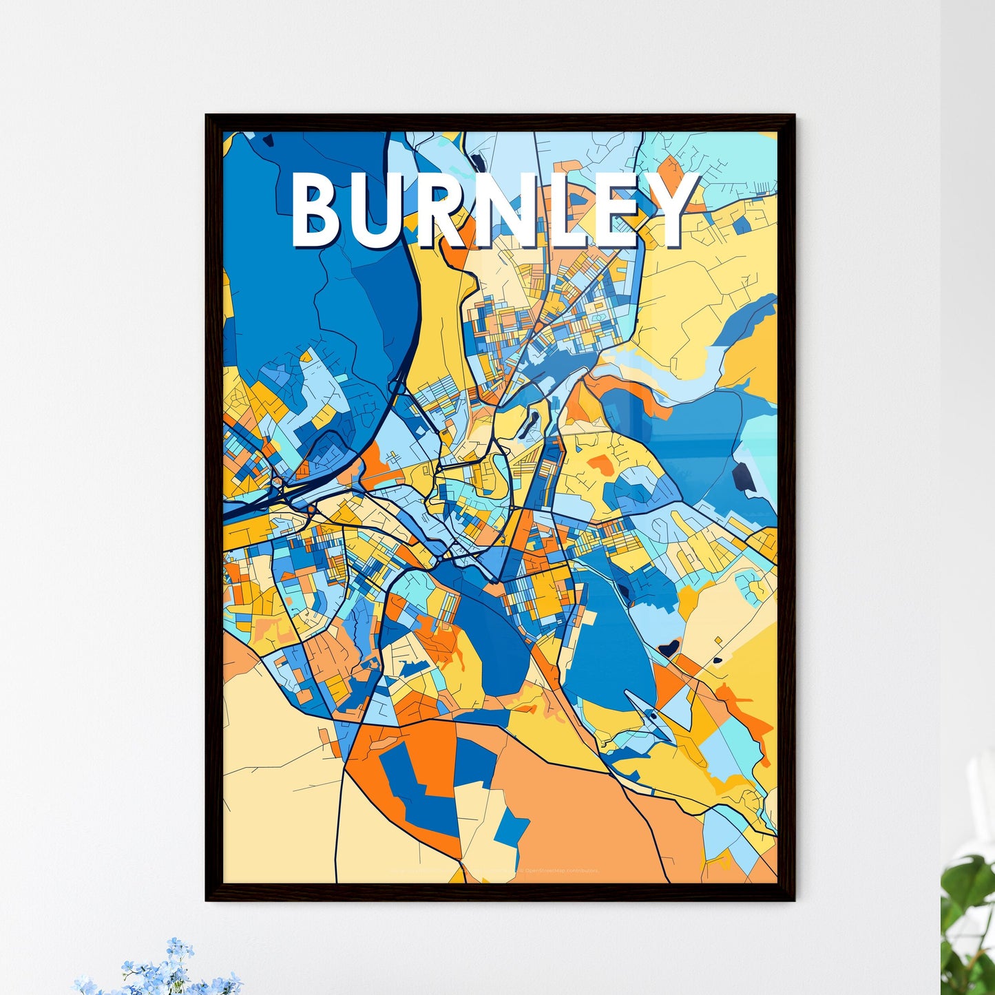 BURNLEY ENGLAND Vibrant Colorful Art Map Poster Blue Orange