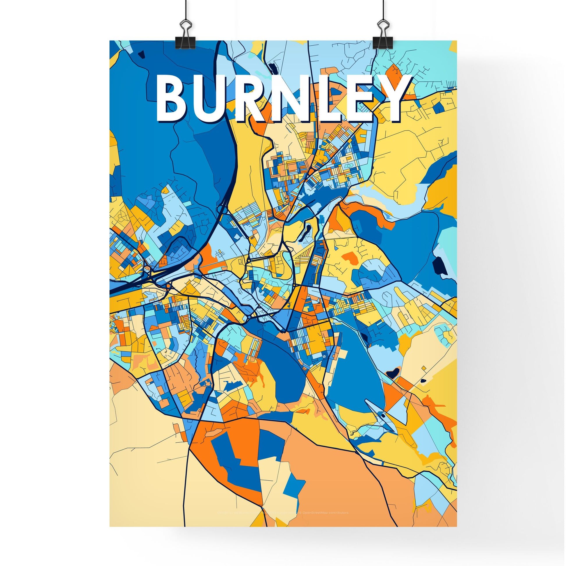 BURNLEY ENGLAND Vibrant Colorful Art Map Poster Blue Orange