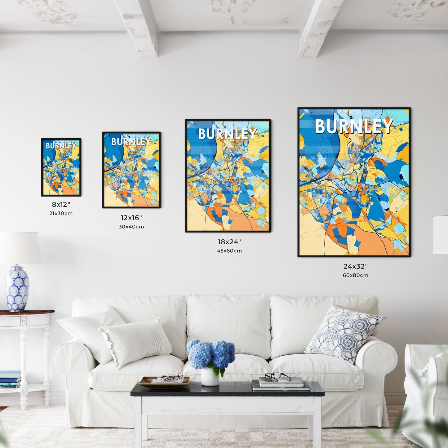 BURNLEY ENGLAND Vibrant Colorful Art Map Poster Blue Orange