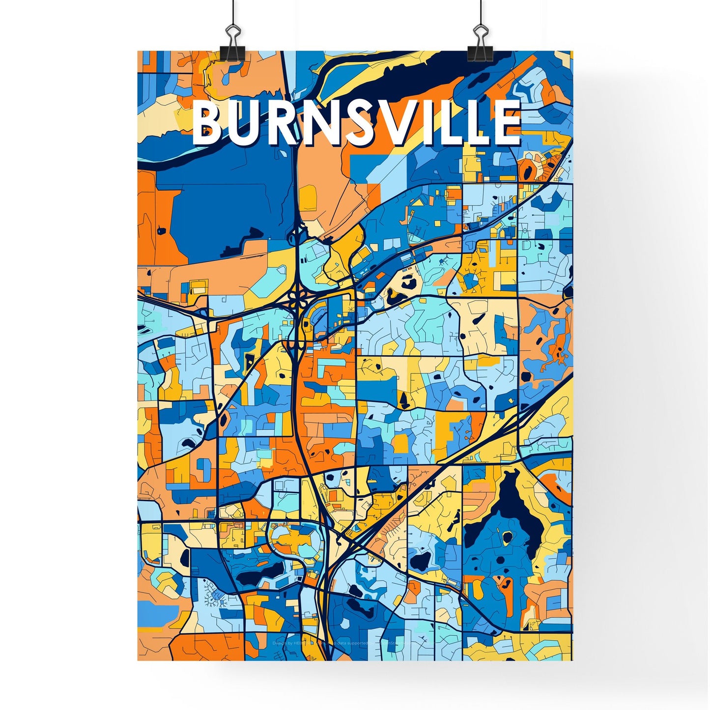 BURNSVILLE MINNESOTA Vibrant Colorful Art Map Poster Blue Orange