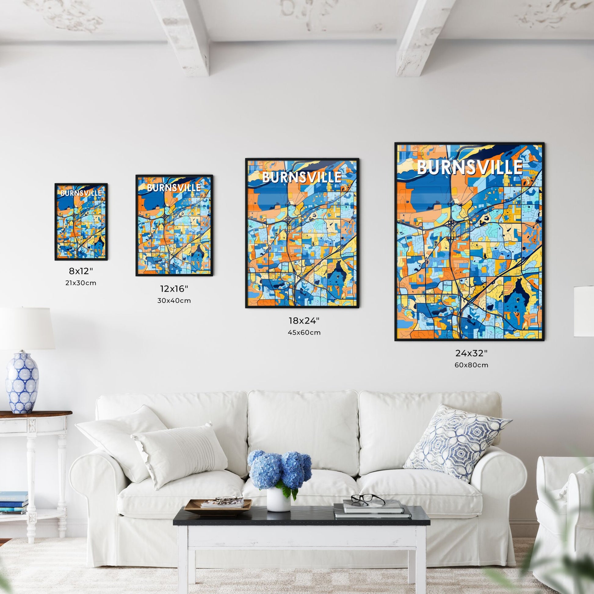 BURNSVILLE MINNESOTA Vibrant Colorful Art Map Poster Blue Orange