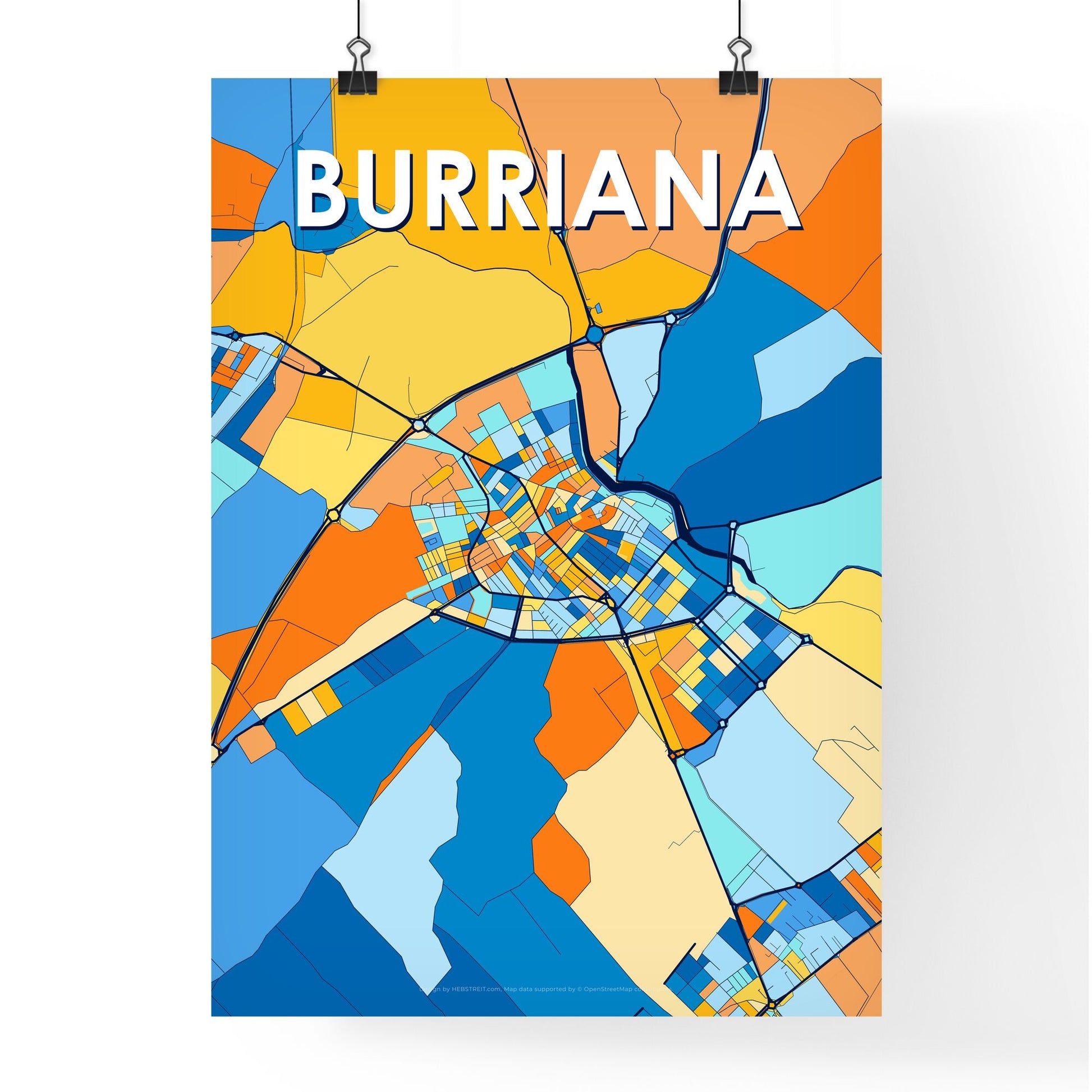 BURRIANA SPAIN Vibrant Colorful Art Map Poster Blue Orange