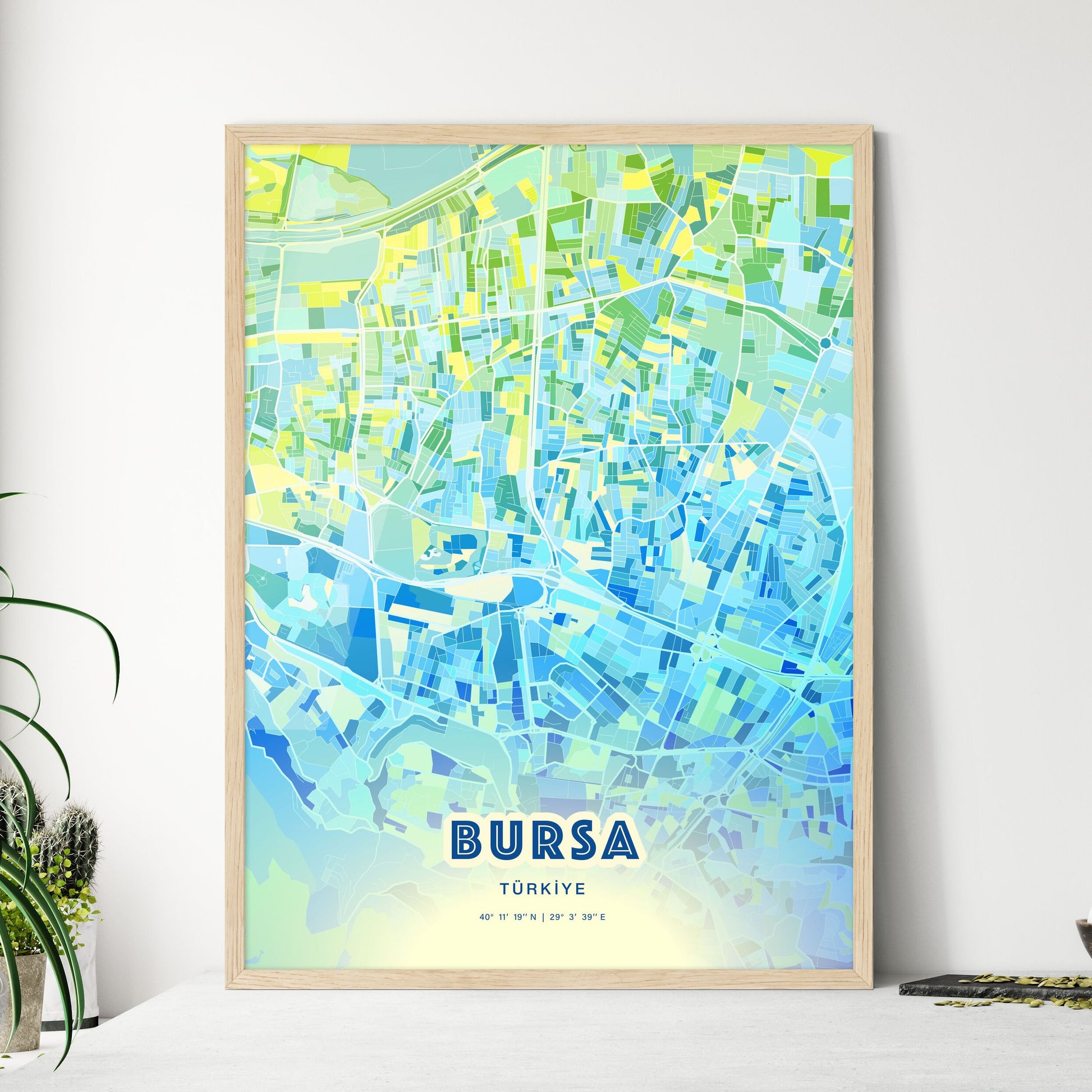 Colorful Bursa Turkey Fine Art Map Cool Blue
