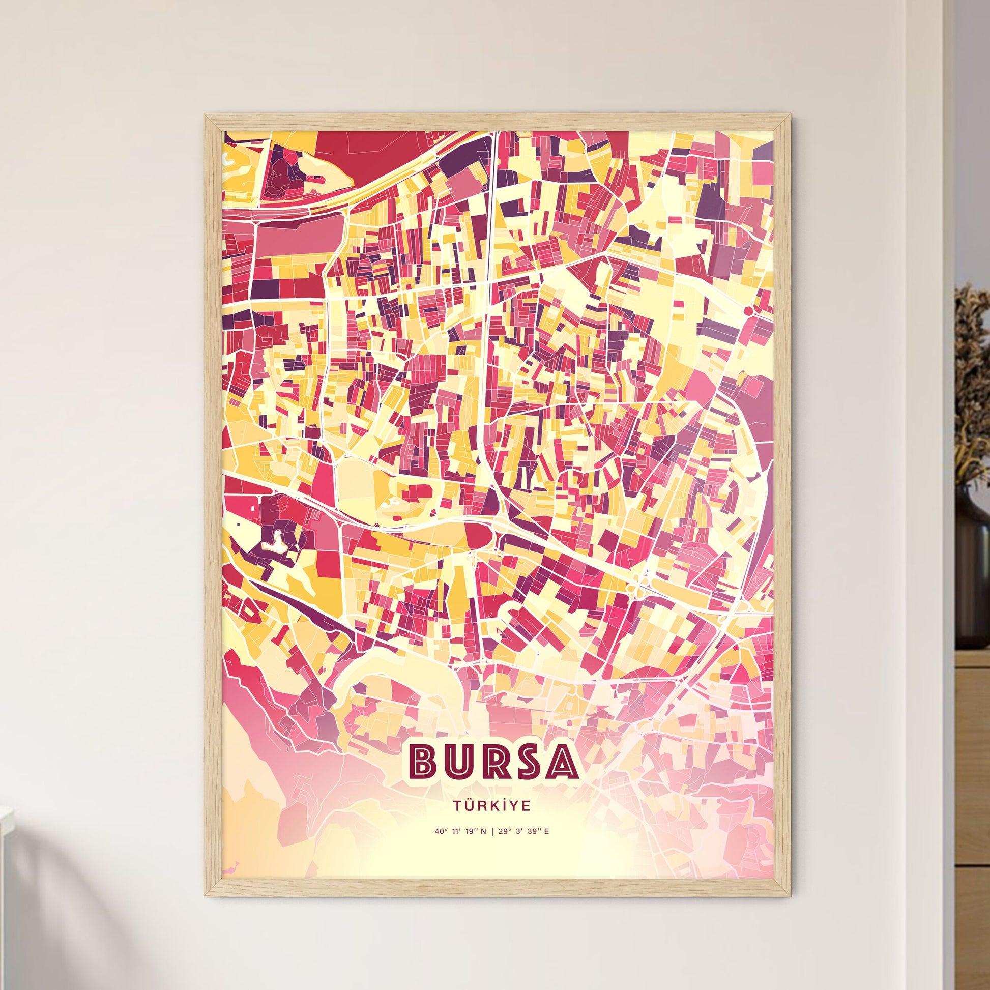 Colorful Bursa Turkey Fine Art Map Hot Red