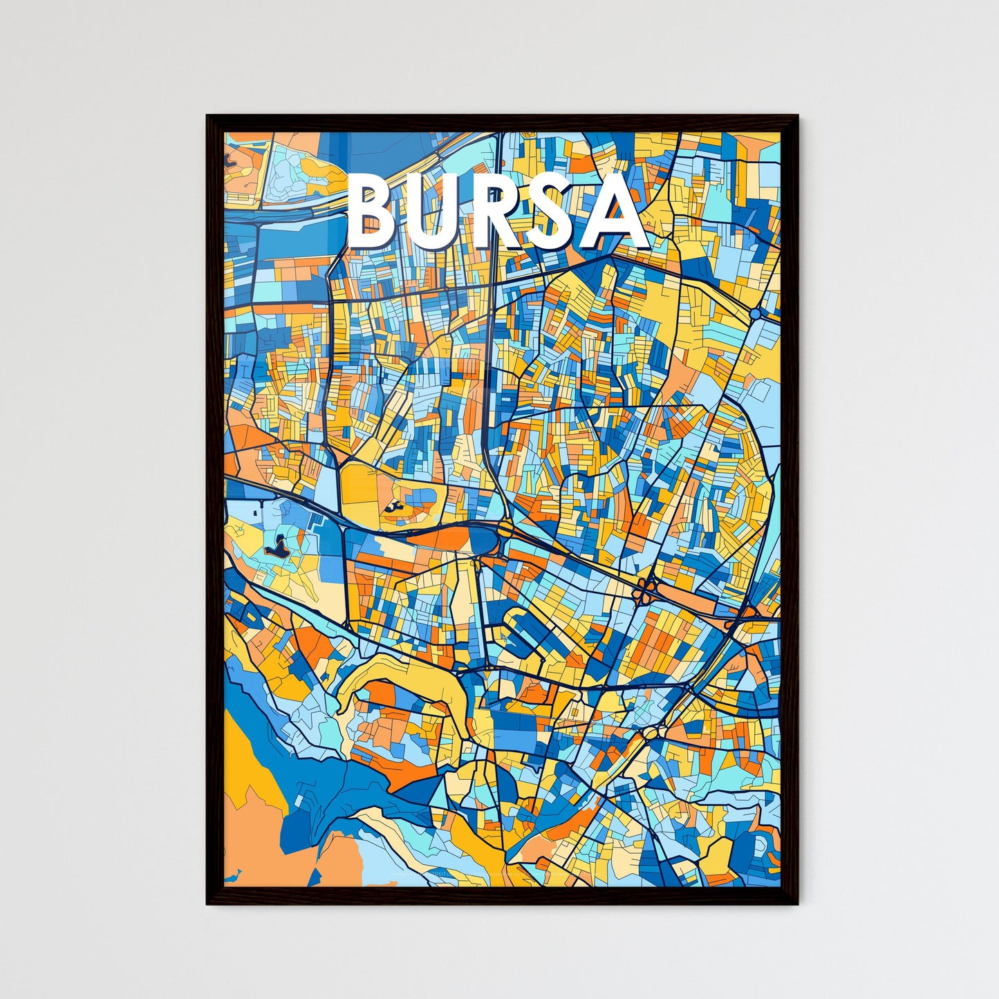 BURSA TURKEY Vibrant Colorful Art Map Poster Blue Orange