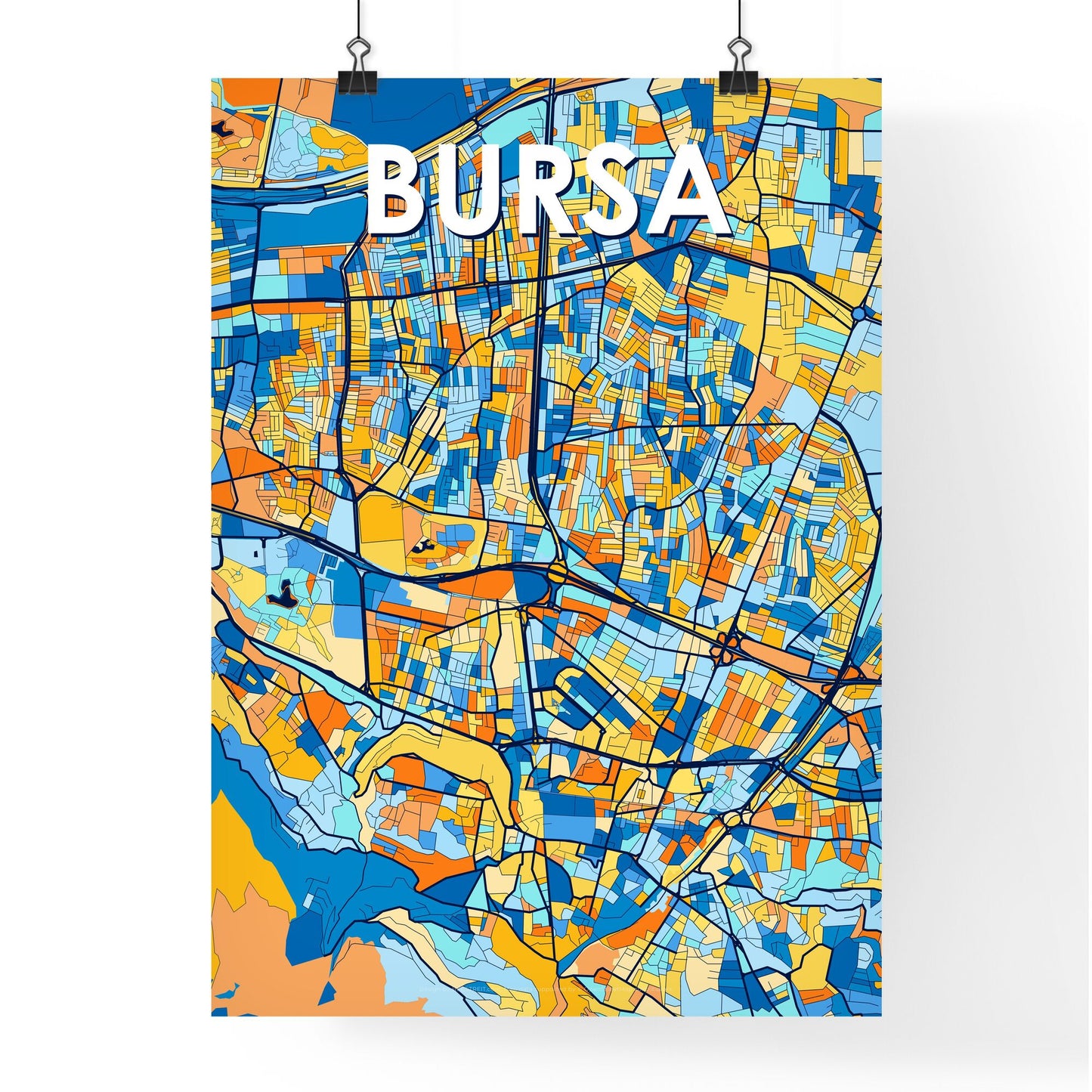 BURSA TURKEY Vibrant Colorful Art Map Poster Blue Orange