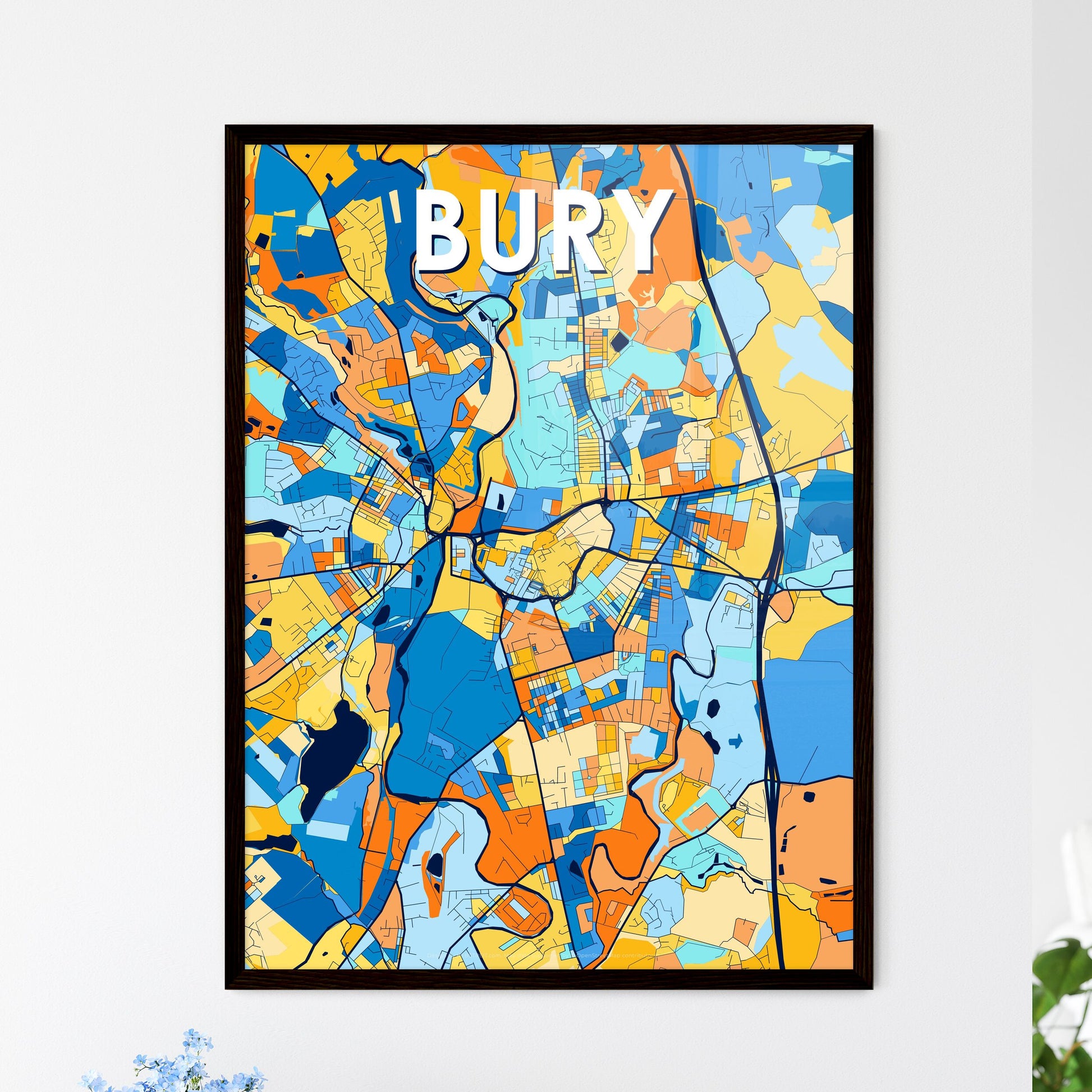 BURY ENGLAND Vibrant Colorful Art Map Poster Blue Orange