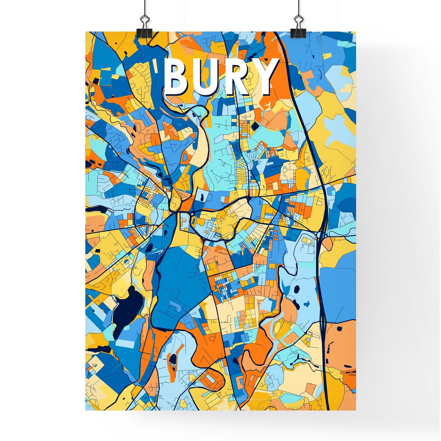 BURY ENGLAND Vibrant Colorful Art Map Poster Blue Orange