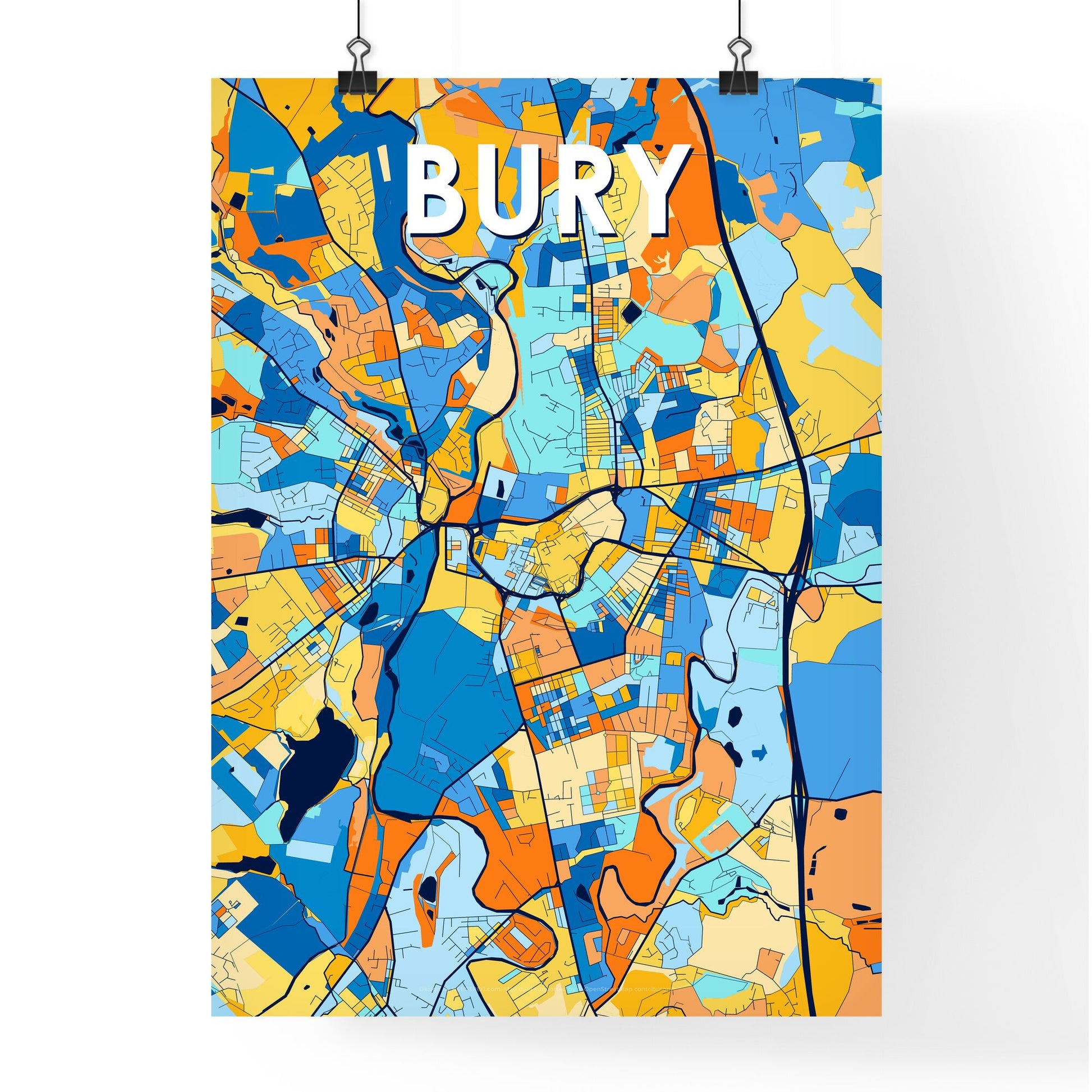 BURY ENGLAND Vibrant Colorful Art Map Poster Blue Orange