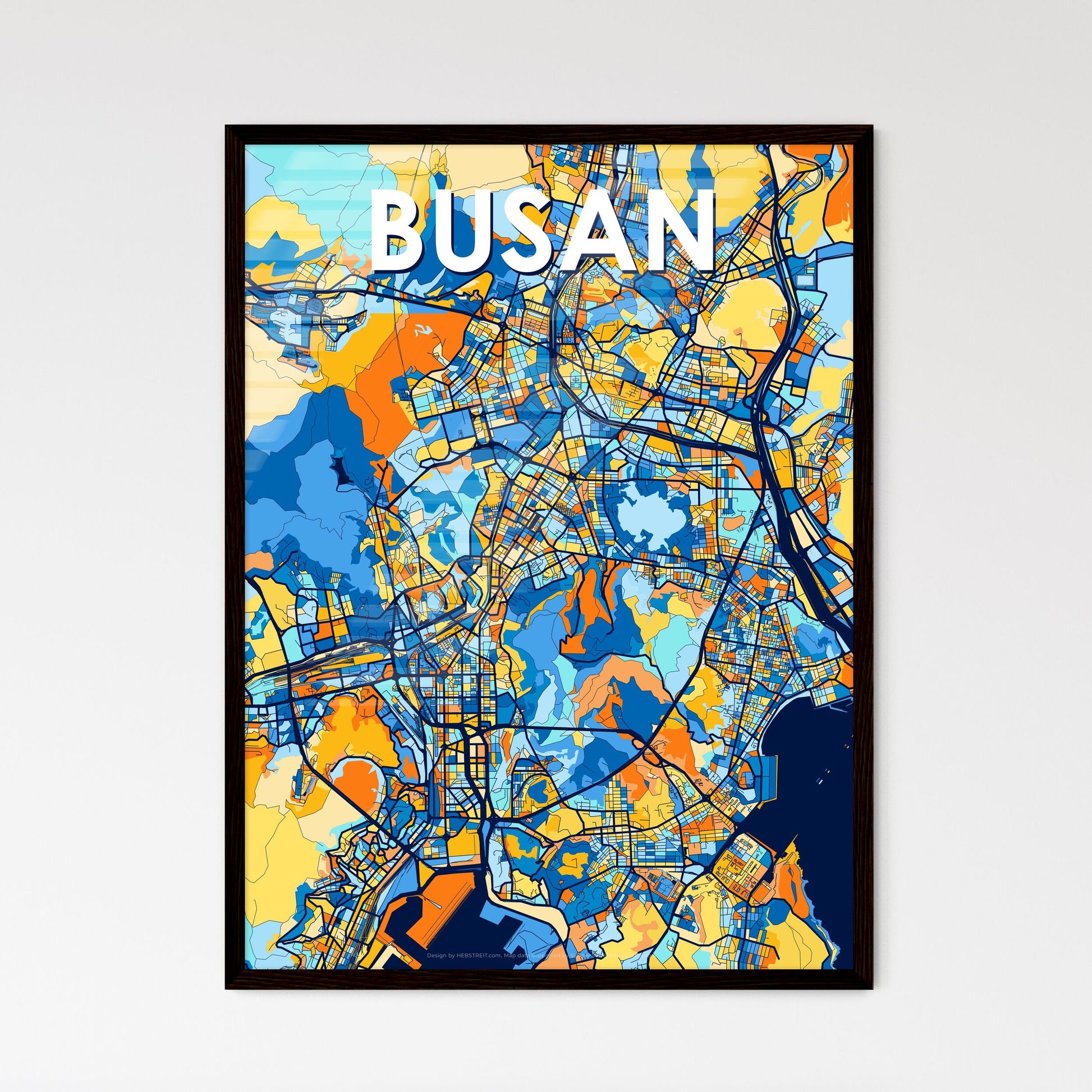 BUSAN SOUTH KOREA Vibrant Colorful Art Map Poster Blue Orange