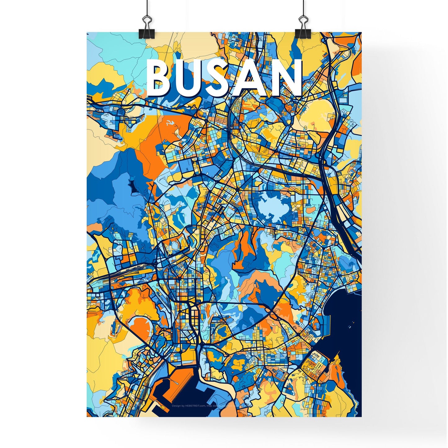 BUSAN SOUTH KOREA Vibrant Colorful Art Map Poster Blue Orange