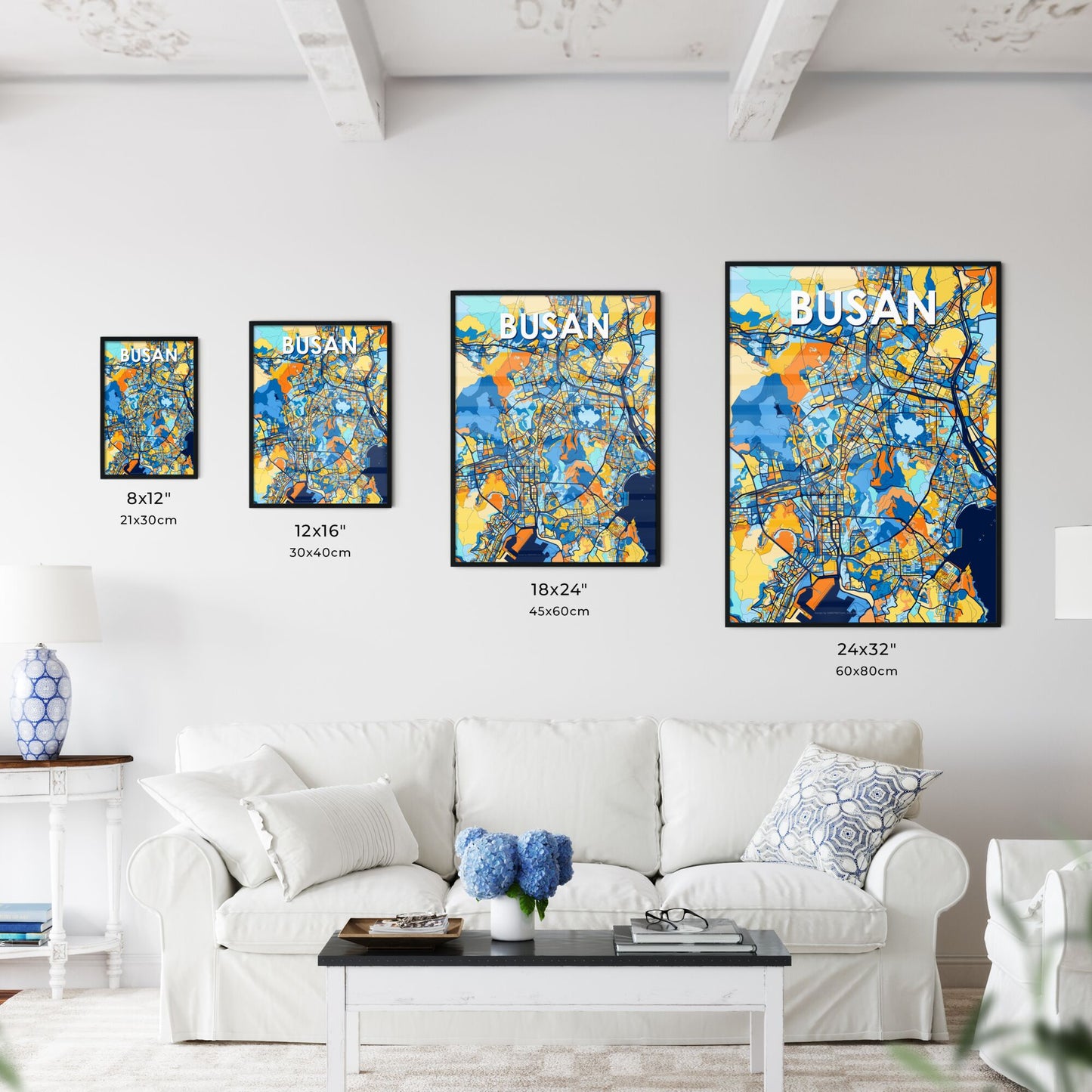 BUSAN SOUTH KOREA Vibrant Colorful Art Map Poster Blue Orange