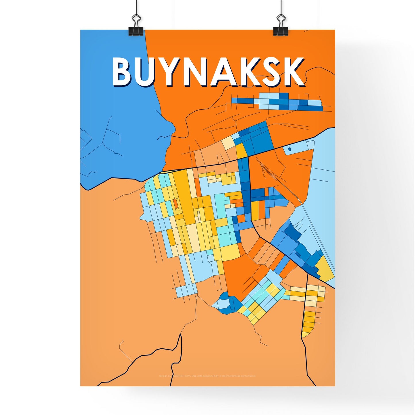 BUYNAKSK RUSSIA Vibrant Colorful Art Map Poster Blue Orange