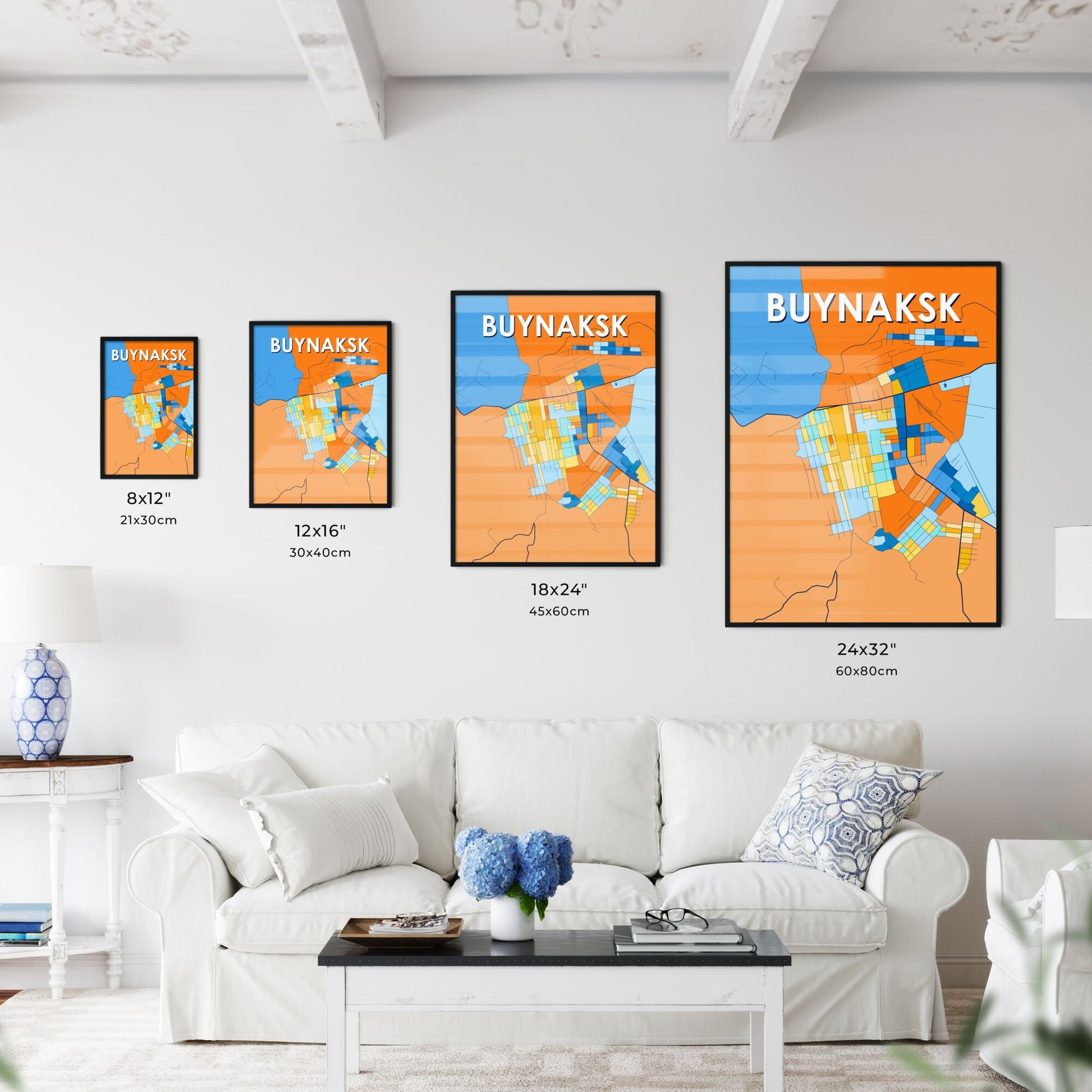 BUYNAKSK RUSSIA Vibrant Colorful Art Map Poster Blue Orange