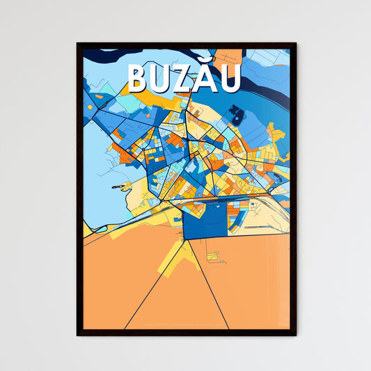 BUZĂU ROMANIA Vibrant Colorful Art Map Poster Blue Orange