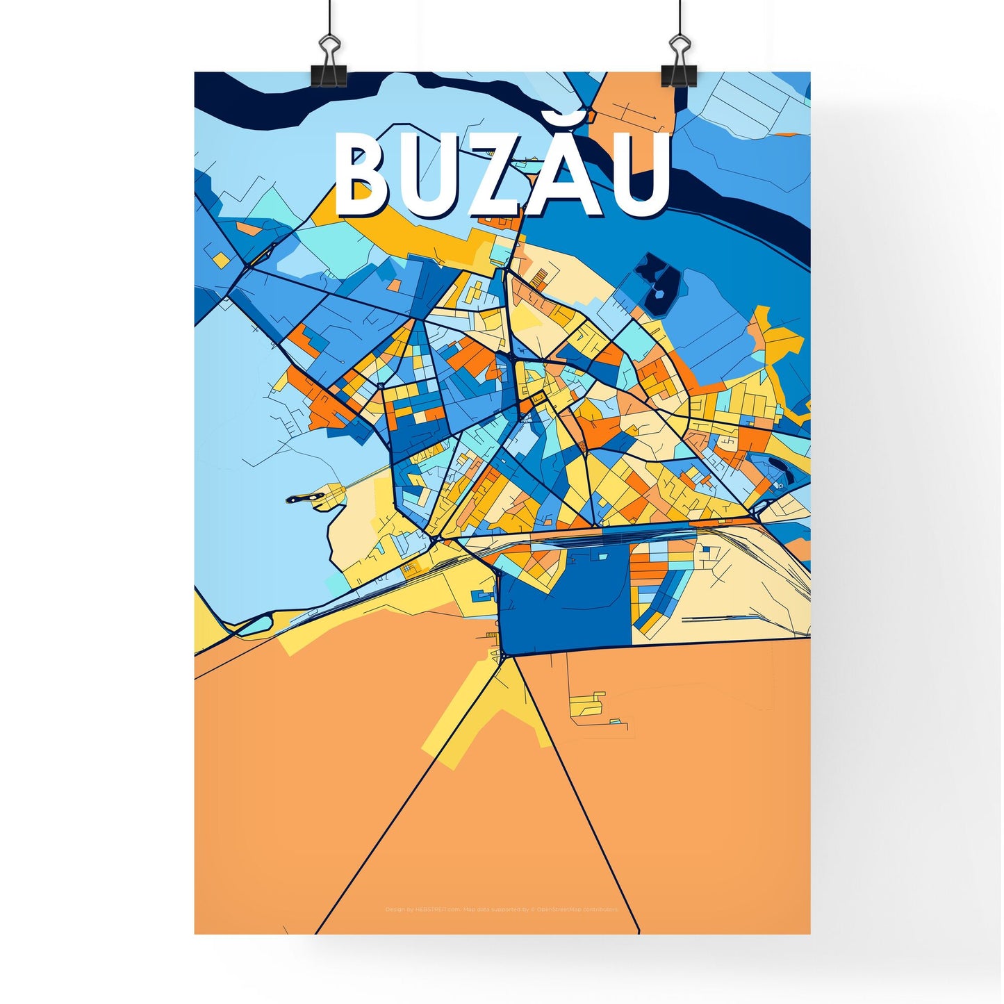 BUZĂU ROMANIA Vibrant Colorful Art Map Poster Blue Orange