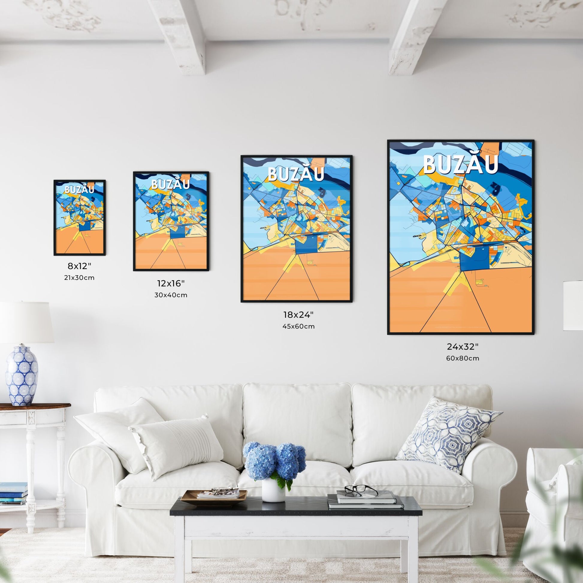 BUZĂU ROMANIA Vibrant Colorful Art Map Poster Blue Orange