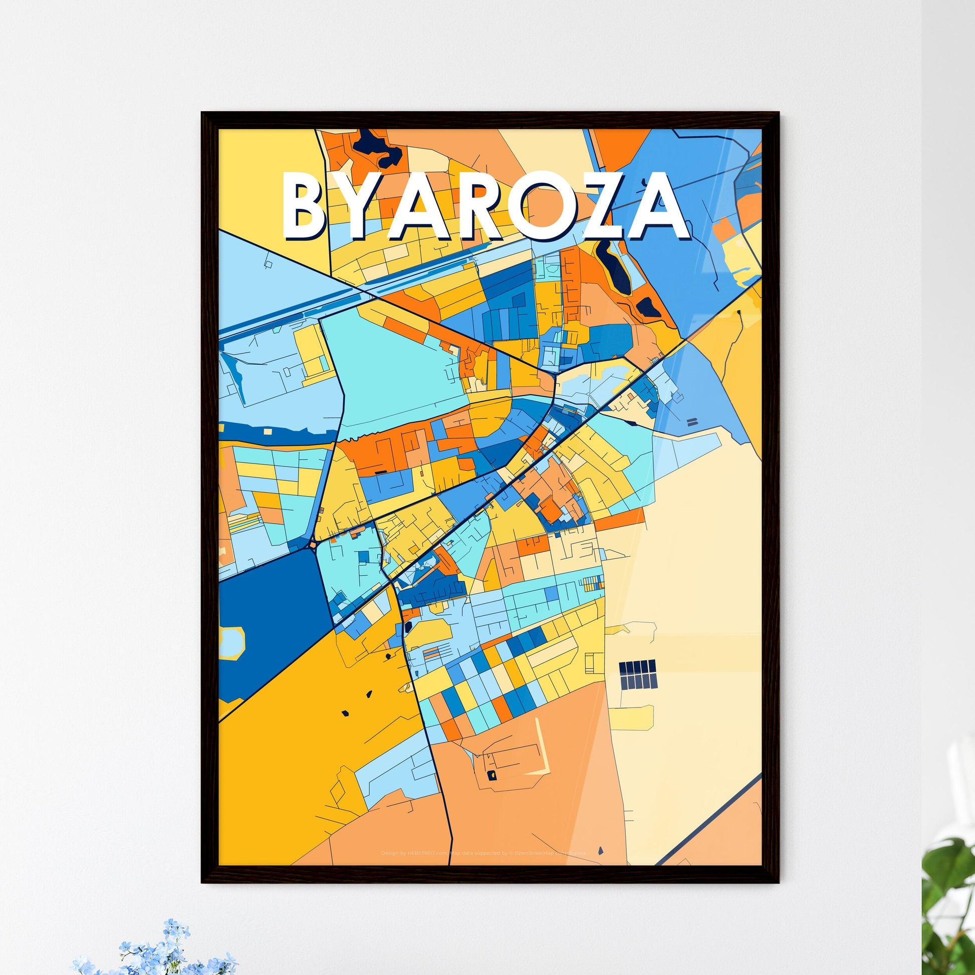 BYAROZA BELARUS Vibrant Colorful Art Map Poster Blue Orange