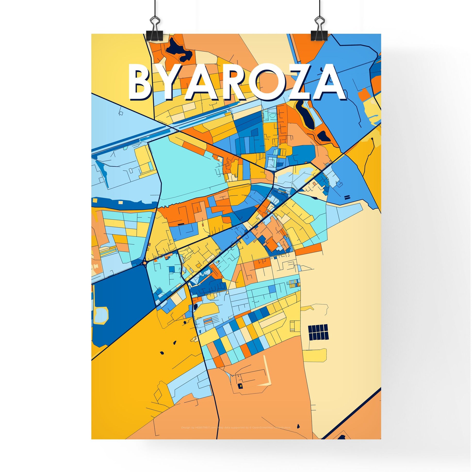 BYAROZA BELARUS Vibrant Colorful Art Map Poster Blue Orange