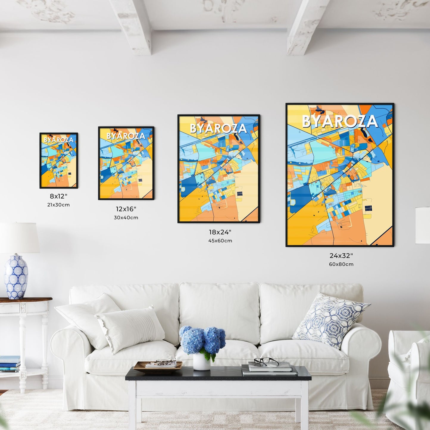 BYAROZA BELARUS Vibrant Colorful Art Map Poster Blue Orange