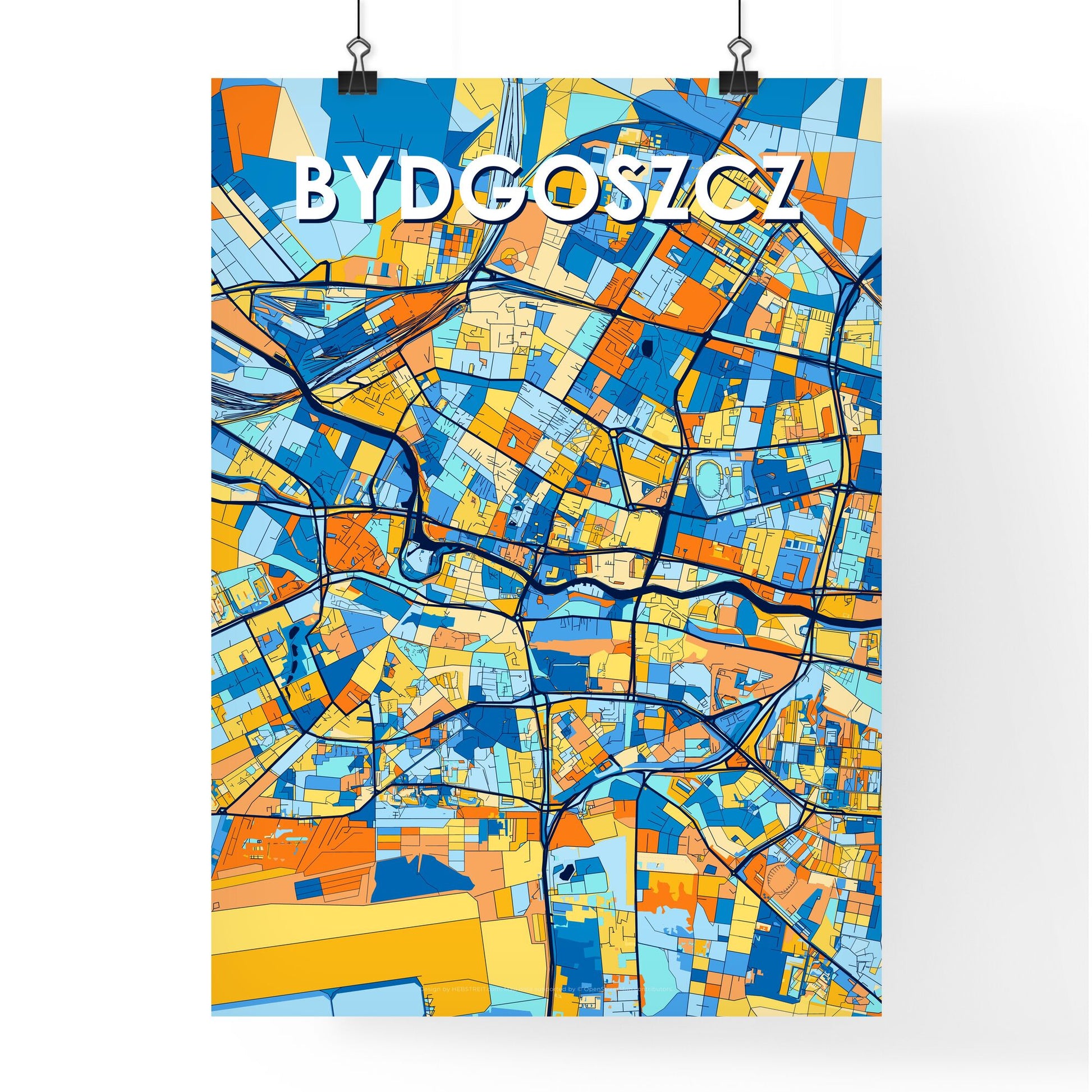 BYDGOSZCZ POLAND Vibrant Colorful Art Map Poster Blue Orange