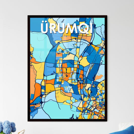 ÜRUMQI CHINA Vibrant Colorful Art Map Poster Blue Orange