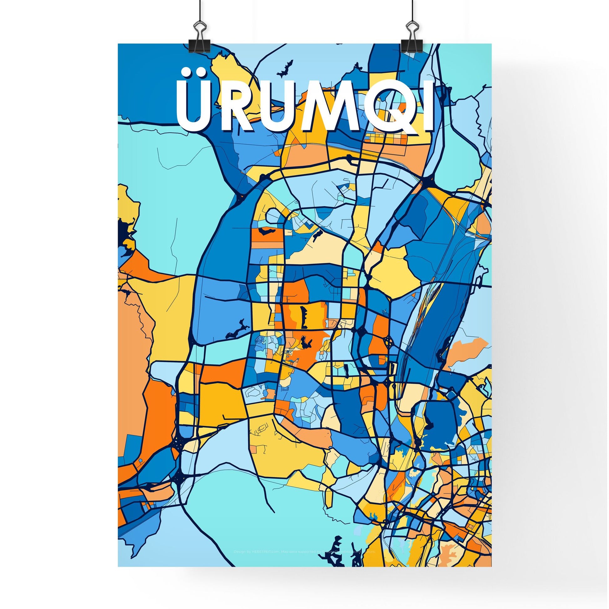 ÜRUMQI CHINA Vibrant Colorful Art Map Poster Blue Orange