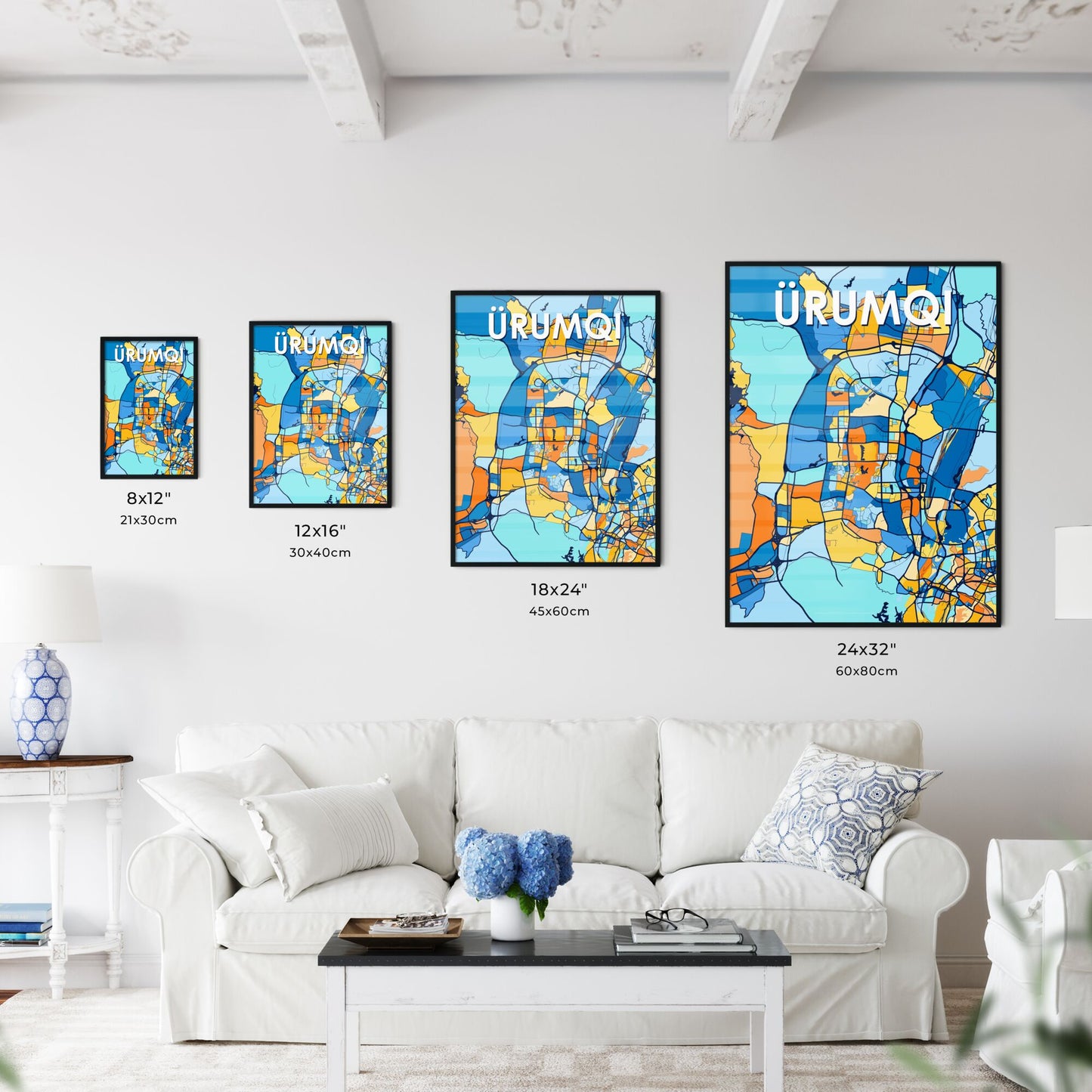 ÜRUMQI CHINA Vibrant Colorful Art Map Poster Blue Orange