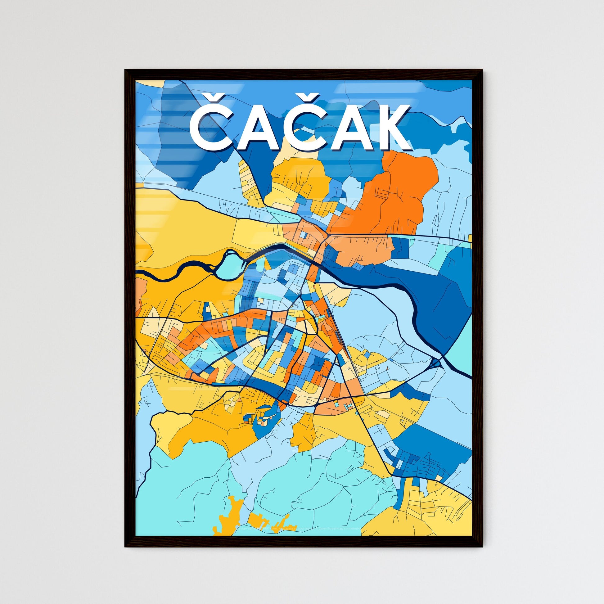 ČAČAK SERBIA Vibrant Colorful Art Map Poster Blue Orange