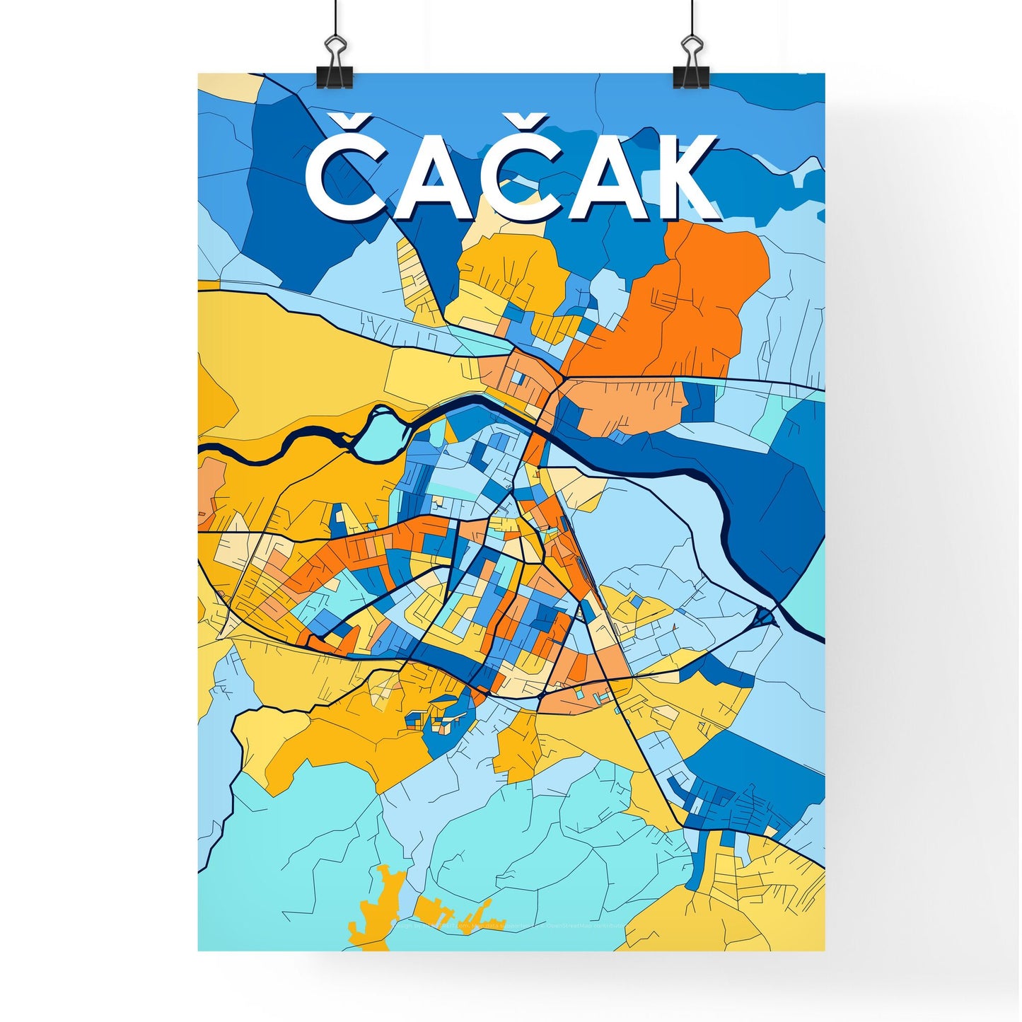 ČAČAK SERBIA Vibrant Colorful Art Map Poster Blue Orange