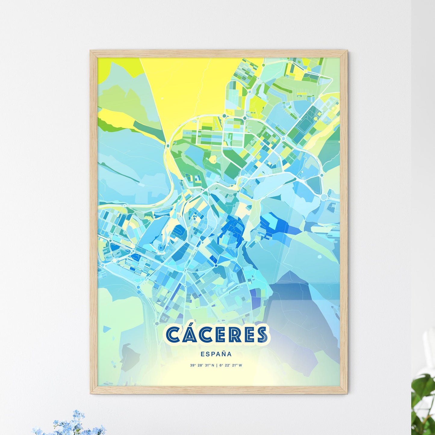 Colorful Cáceres Spain Fine Art Map Cool Blue