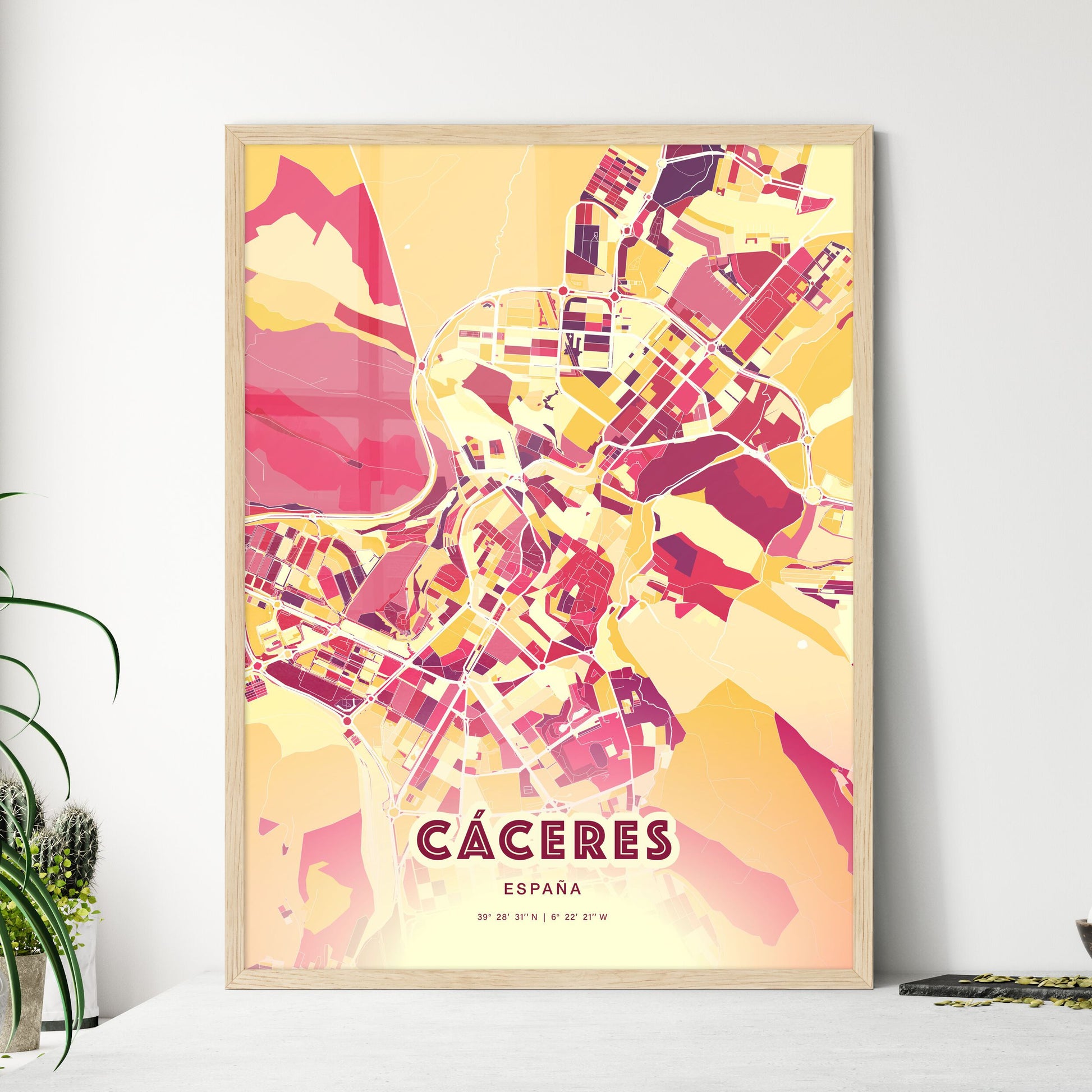 Colorful Cáceres Spain Fine Art Map Hot Red