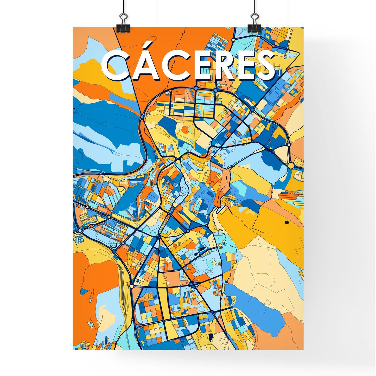 CÁCERES SPAIN Vibrant Colorful Art Map Poster Blue Orange